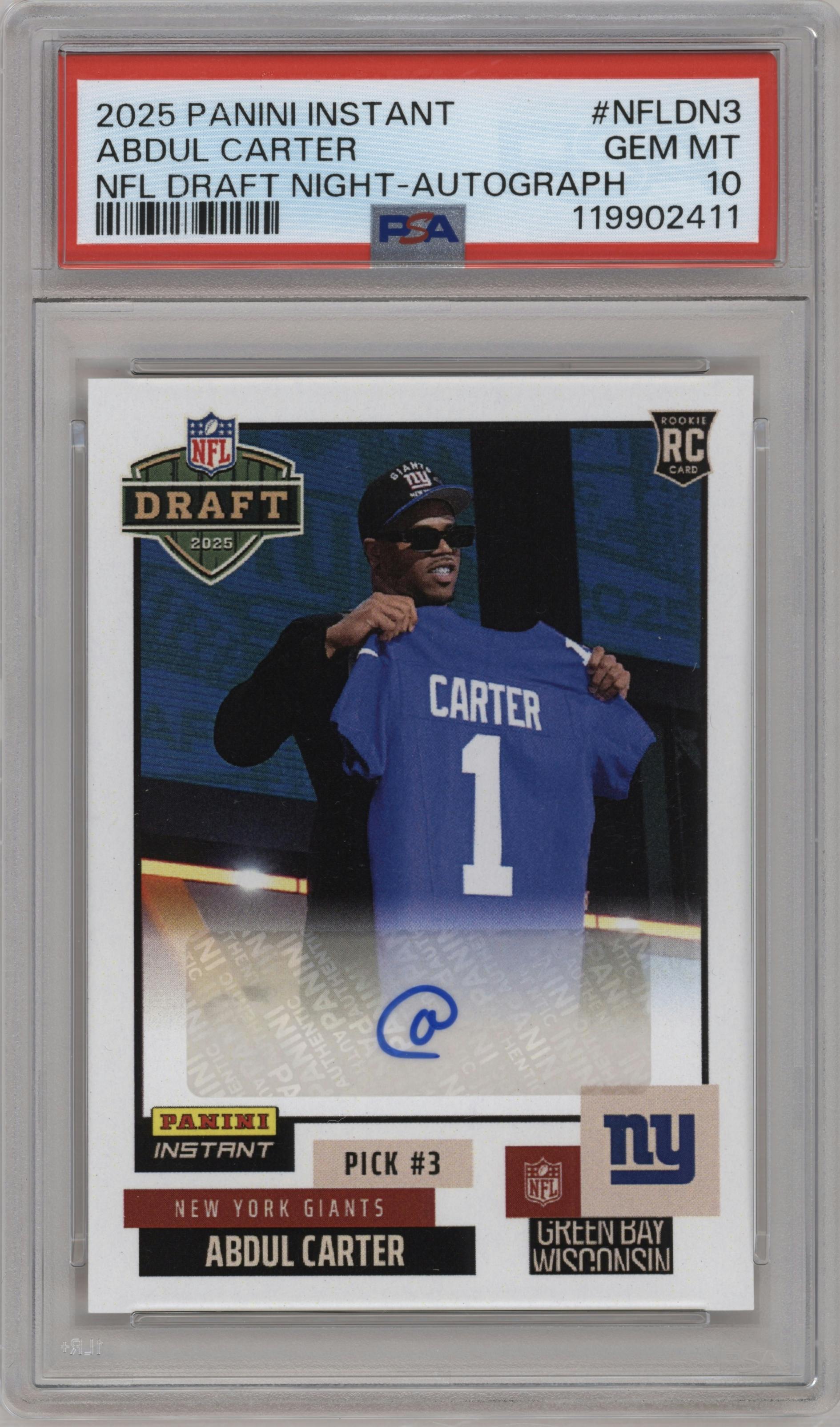 Abdul Carter from the 2025 Panini Instant NFL Draft Night set graded by PSA and given an overall grade of 10.
