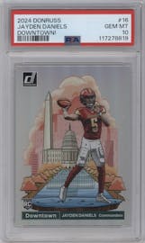 Jayden Daniels from the 2024 Donruss set graded by PSA and given an overall grade of 10.