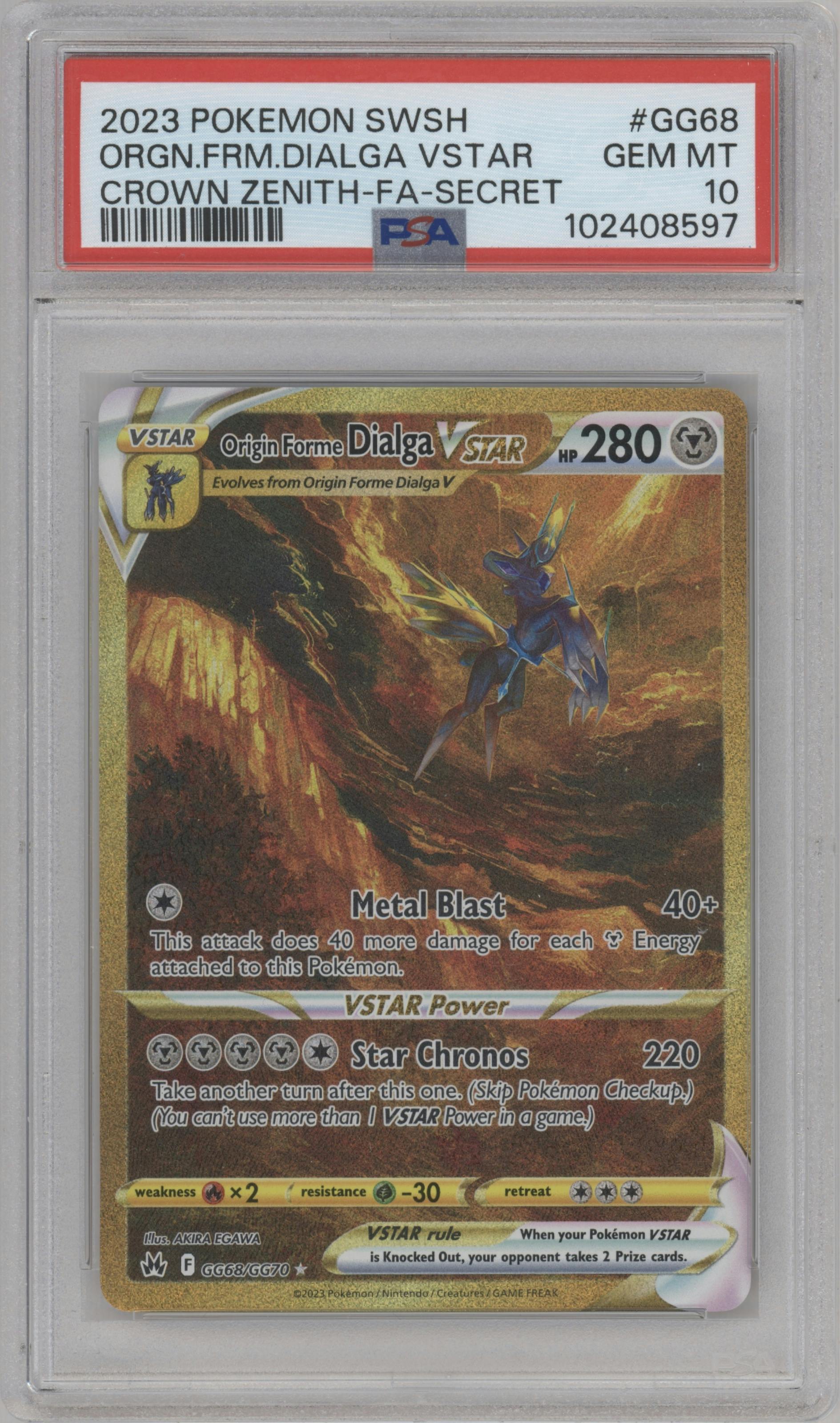 Origin Forme Dialga VSTAR from the 2023 Pokemon SWSH set graded by PSA and given an overall grade of 10.