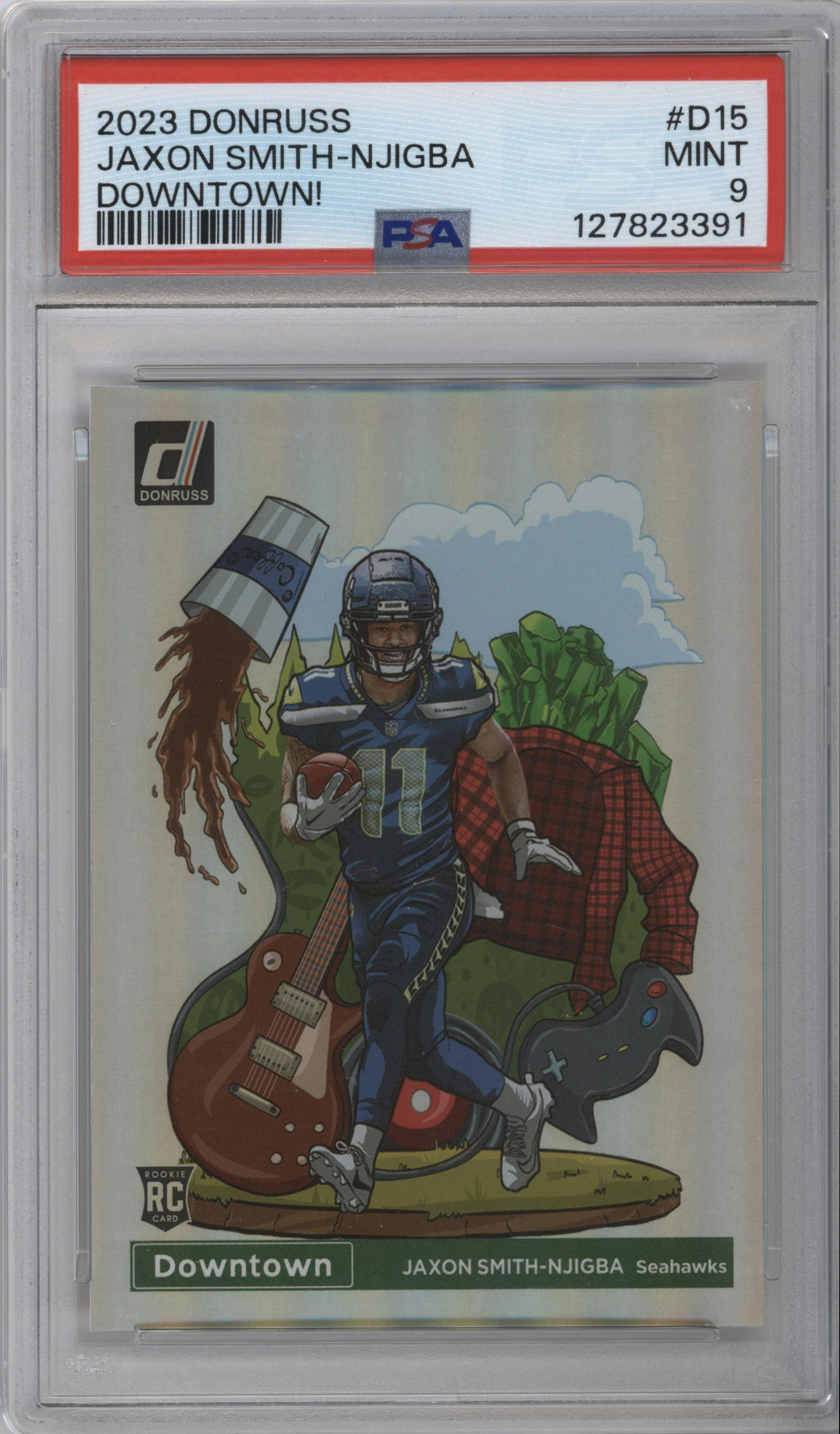 Jaxon Smith-Njigba from the 2023 Panini Donruss set graded by PSA and given an overall grade of 9.