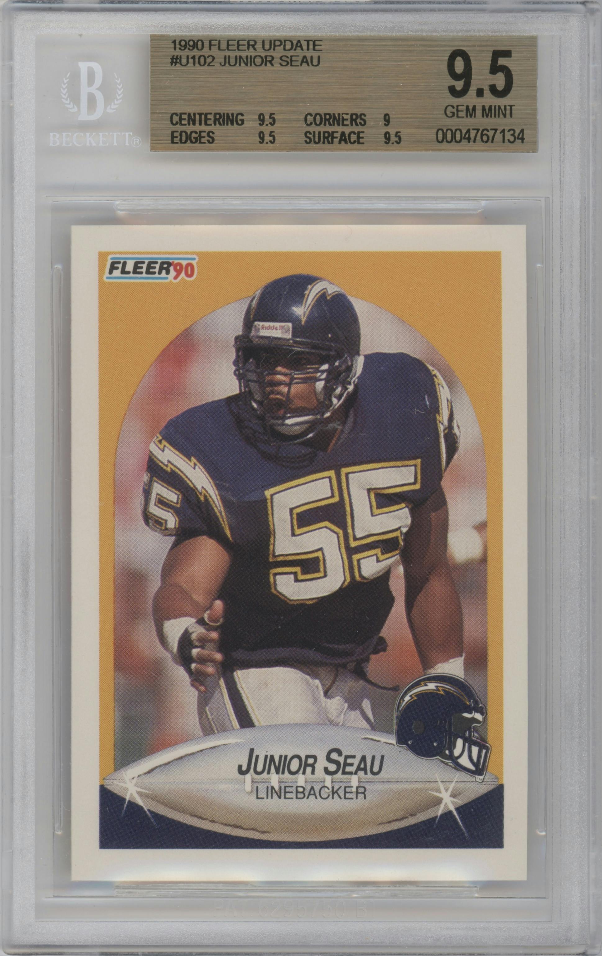 Junior Seau from the 1990 Fleer Update set graded by Beckett and given an overall grade of 9.5.