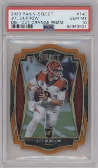 Joe Burrow from the 2020 Panini Select set featuring a Die-Cut Orange parallel graded by PSA and given an overall grade of 10.