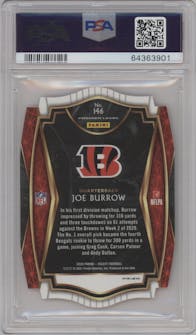 Joe Burrow from the 2020 Panini Select set featuring a Die-Cut Orange parallel graded by PSA and given an overall grade of 10.