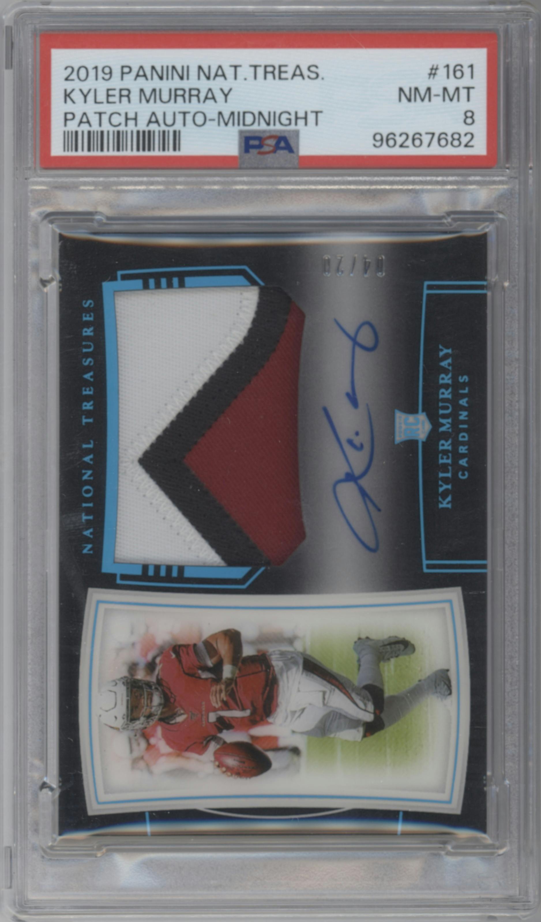Kyler Murray from the 2019 Panini National Treasures set featuring a Midnight parallel graded by PSA and given an overall grade of 8.