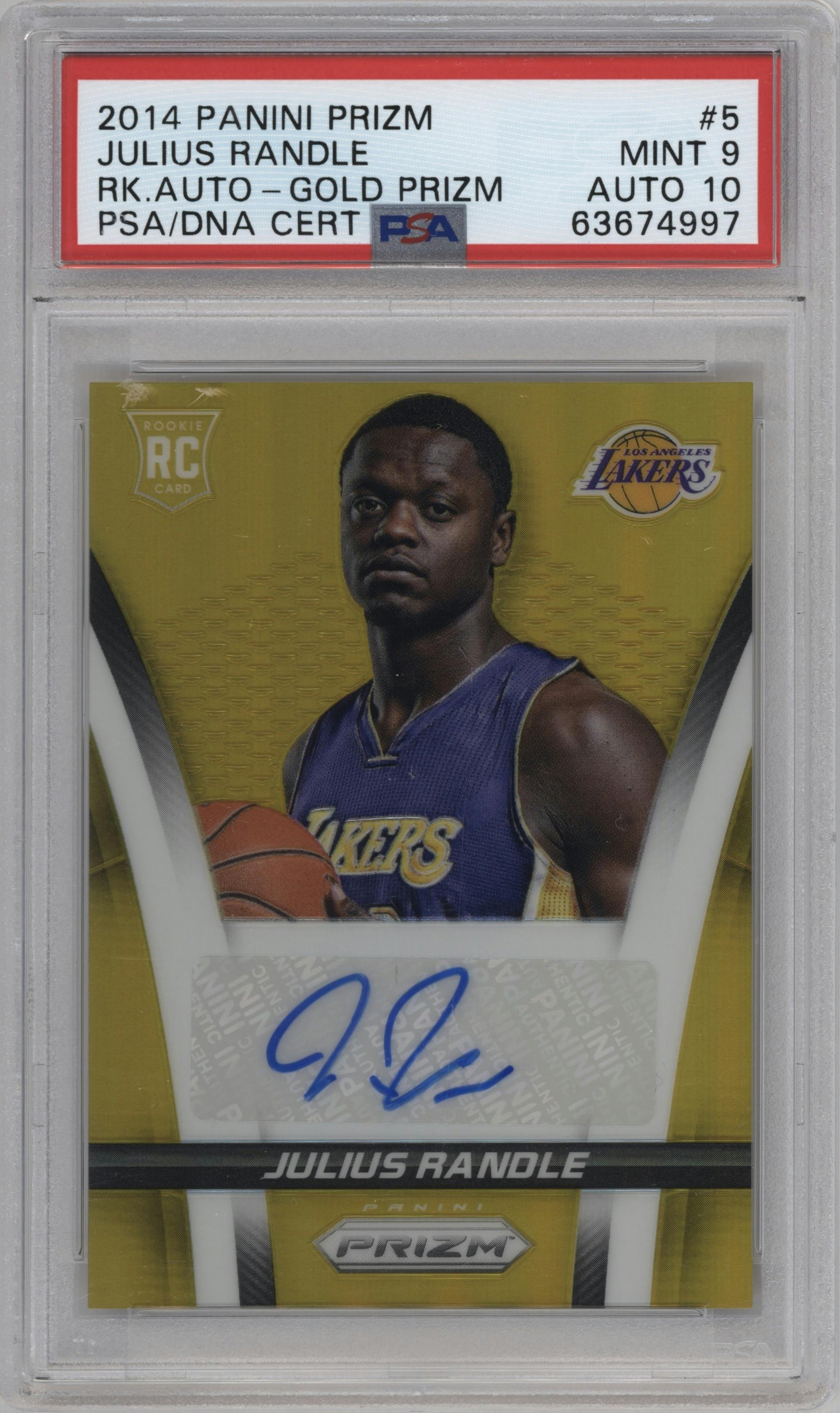 Julius Randle from the 2014-15 Panini Prizm set featuring a Gold parallel graded by PSA and given an overall grade of 9.