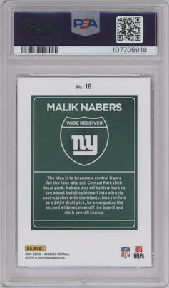 Malik Nabers  from the 2024 Donruss set graded by PSA and given an overall grade of 10.