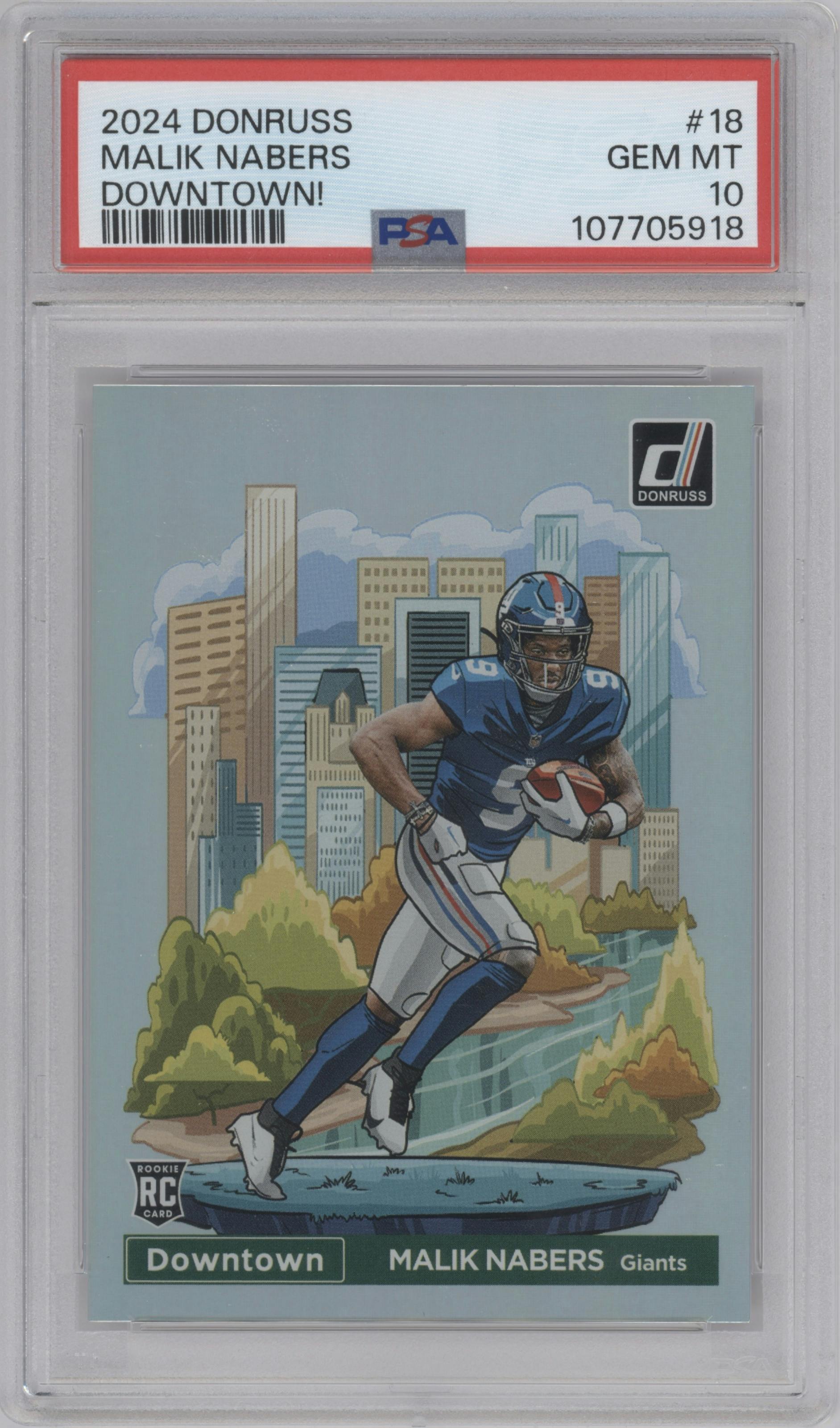 Malik Nabers  from the 2024 Donruss set graded by PSA and given an overall grade of 10.