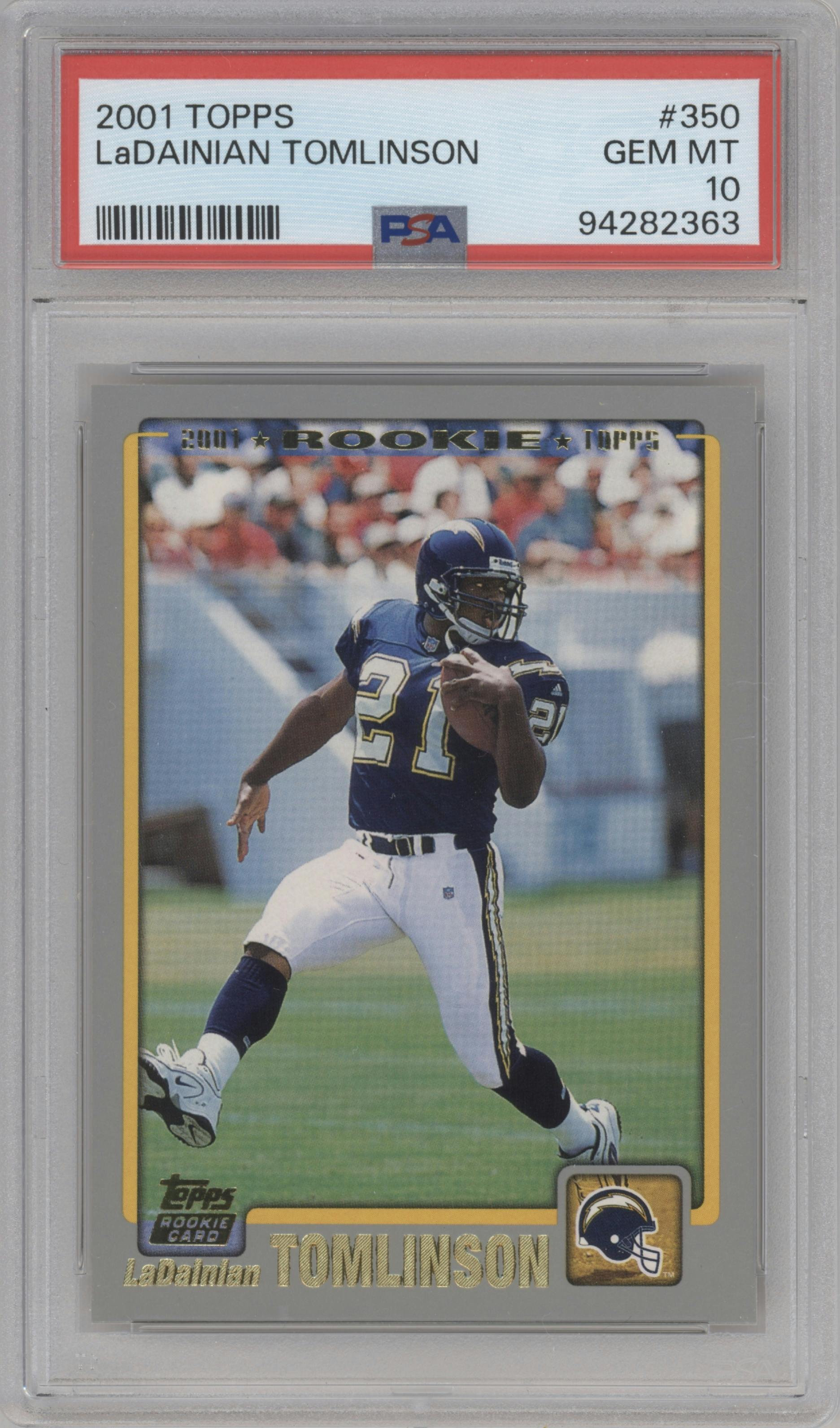 LaDainian Tomlinson from the 2001 Topps set graded by PSA and given an overall grade of 10.