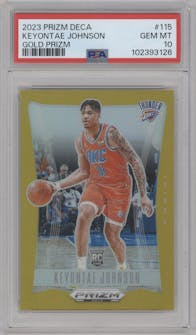 Keyontae Johnson from the 2023-24 Panini Prizm Deca set featuring a Gold Prizm parallel graded by PSA and given an overall grade of 10.
