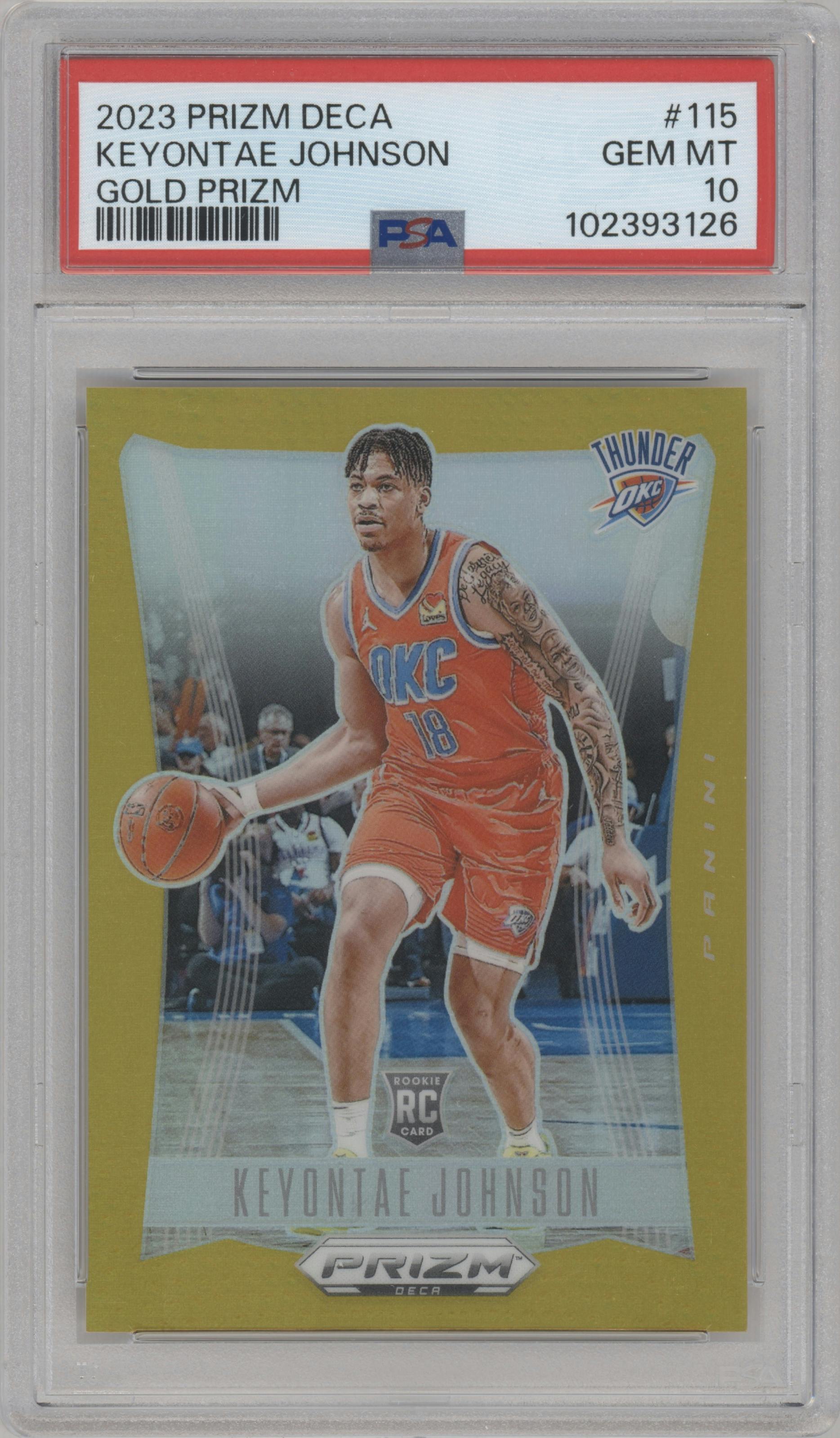 Keyontae Johnson from the 2023-24 Panini Prizm Deca set featuring a Gold Prizm parallel graded by PSA and given an overall grade of 10.