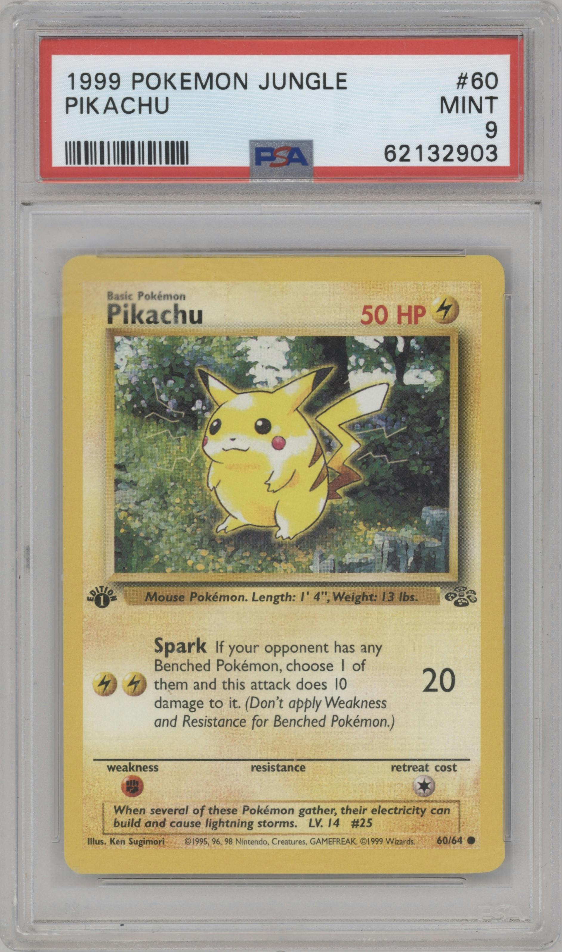 Pikachu from the 1999 Pokemon set graded by PSA and given an overall grade of 9.