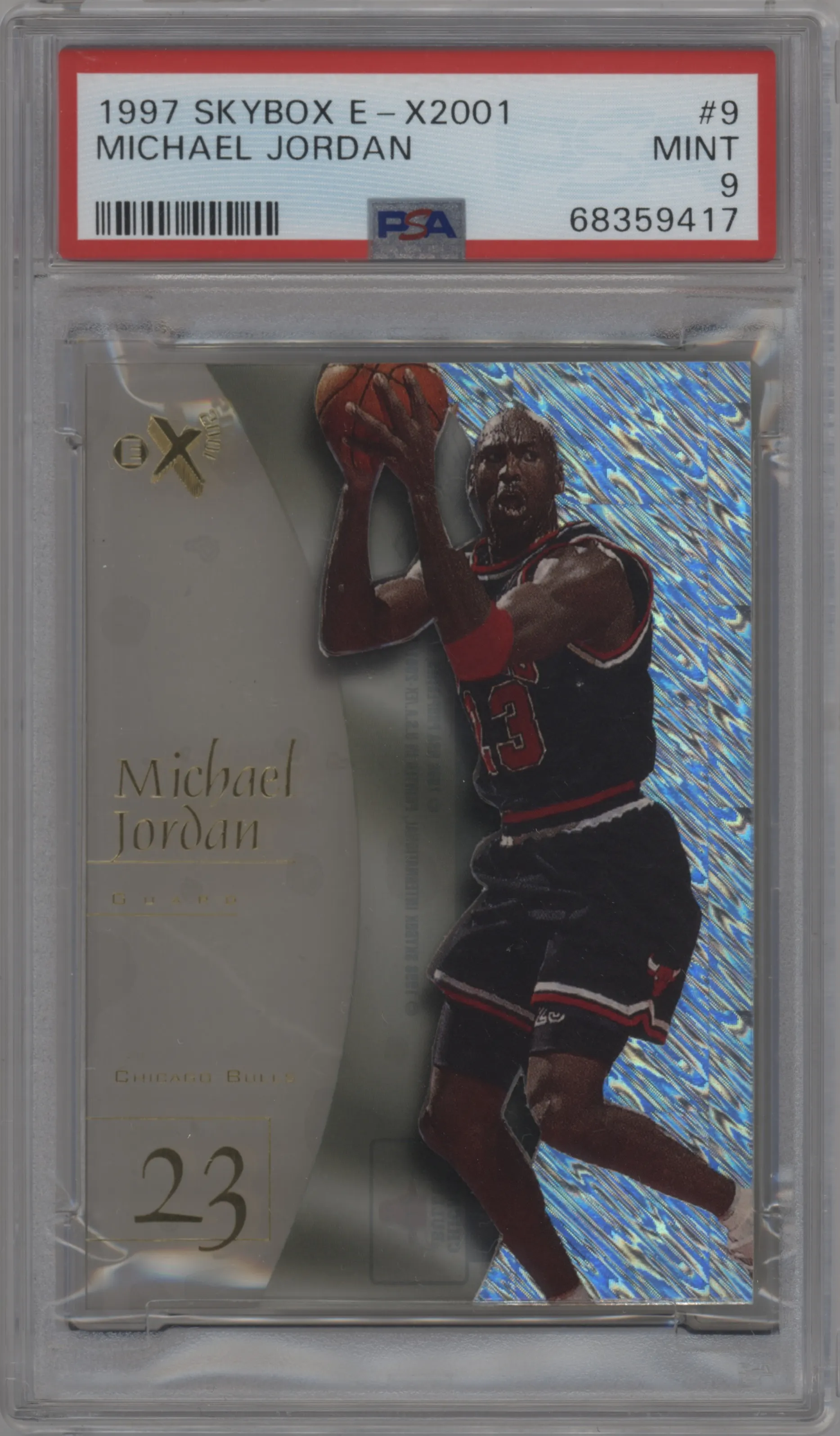 Michael Jordan from the 1997-98 Skybox E-X 2001 set graded by PSA and given an overall grade of 9.