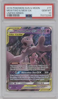 Mewtwo/Mew GX from the 2019 Pokemon S&M  set graded by PSA and given an overall grade of 10.