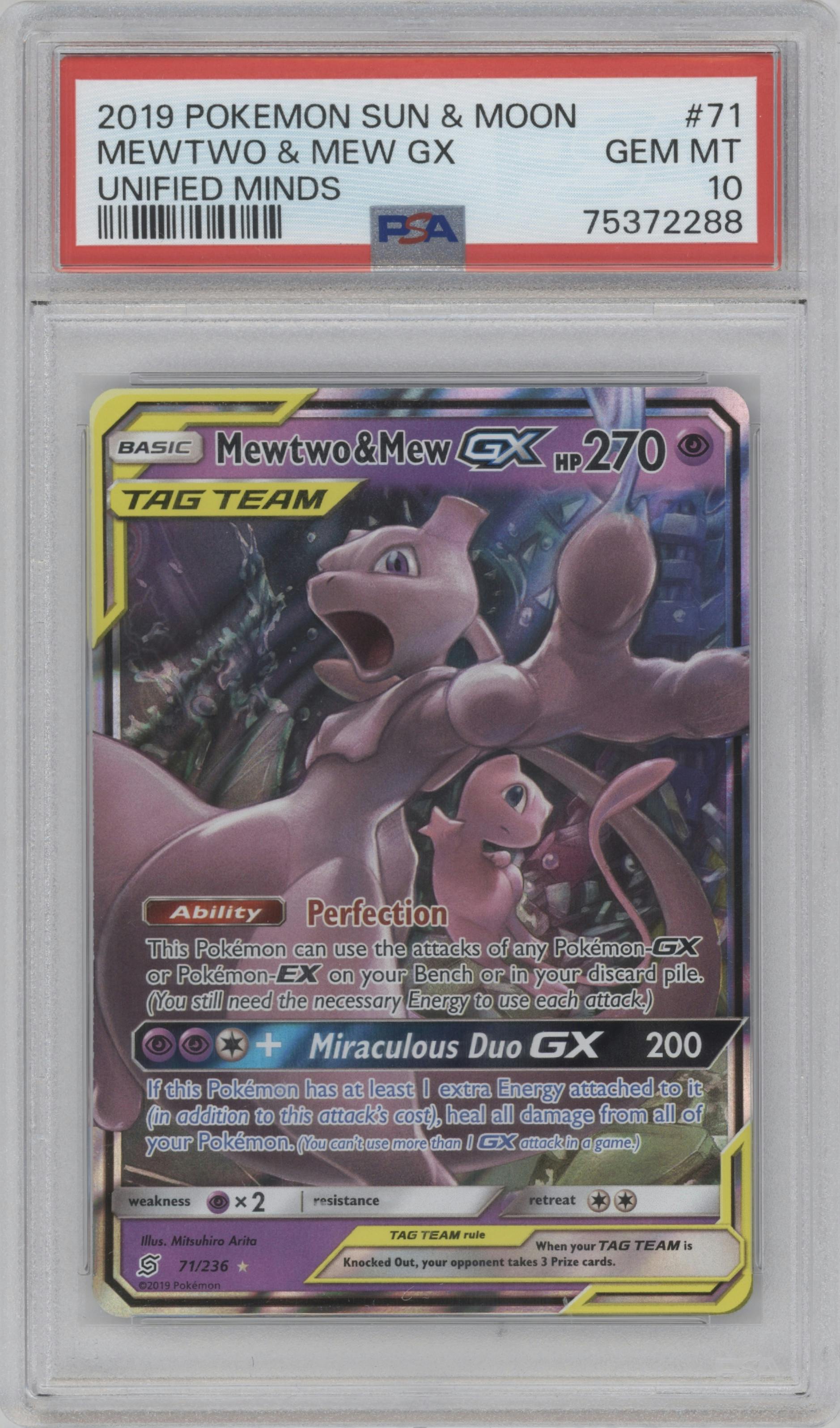 Mewtwo/Mew GX from the 2019 Pokemon S&M  set graded by PSA and given an overall grade of 10.