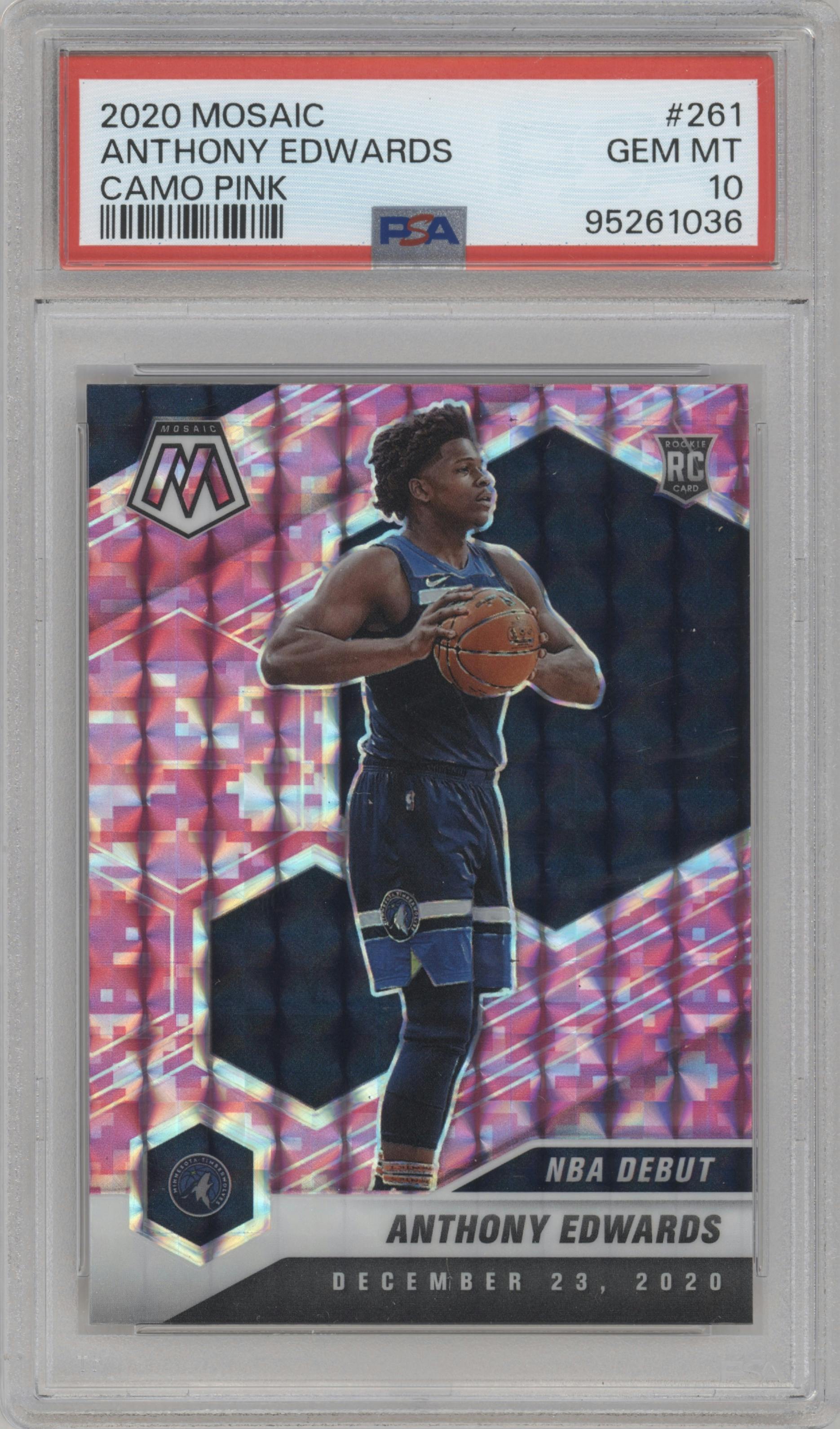 Anthony Edwards from the 2020-21 Panini Mosaic set featuring a Pink Camo parallel graded by PSA and given an overall grade of 10.