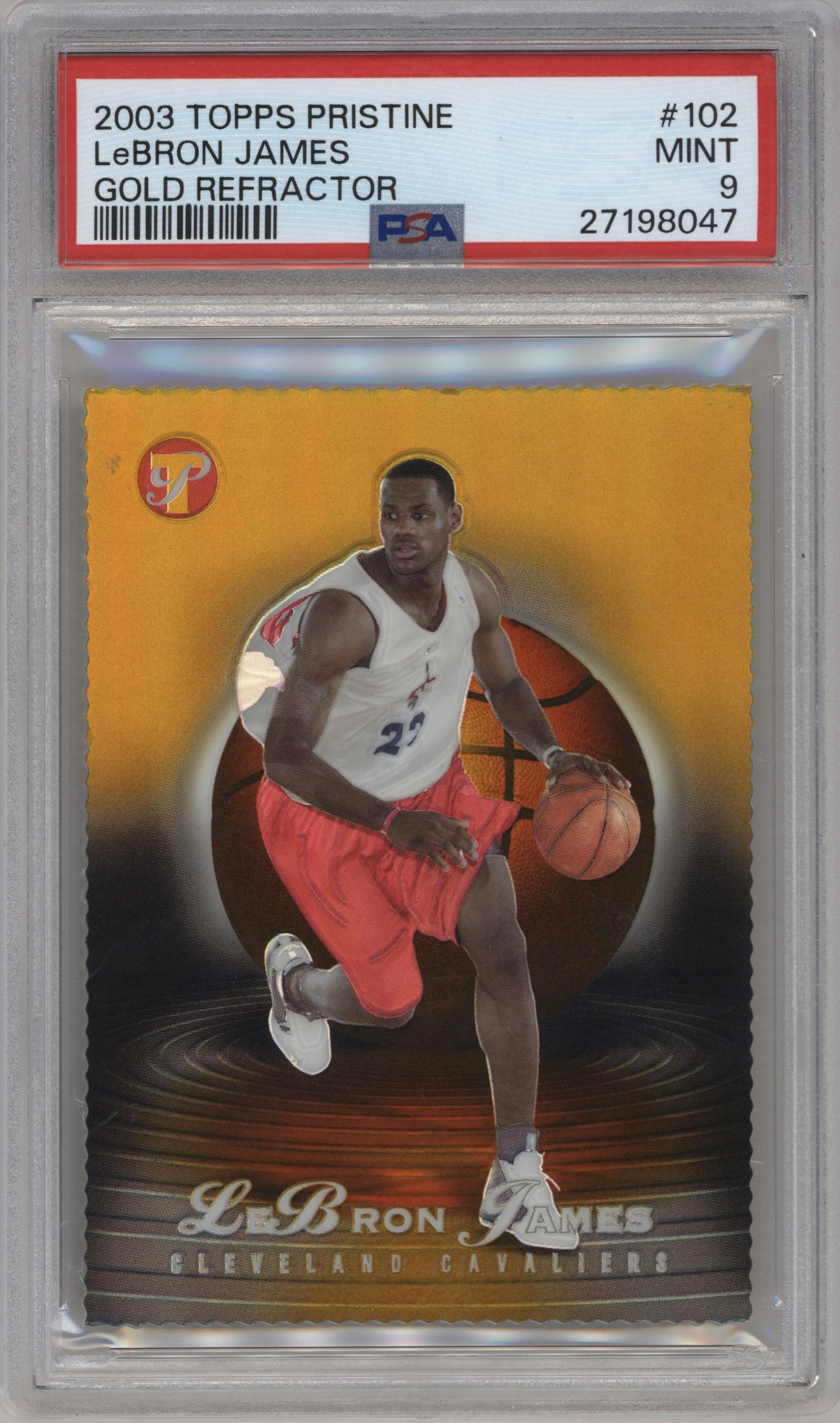 LeBron James from the 2003-04 Topps Pristine  set featuring a Gold Refractor parallel graded by PSA and given an overall grade of 9.
