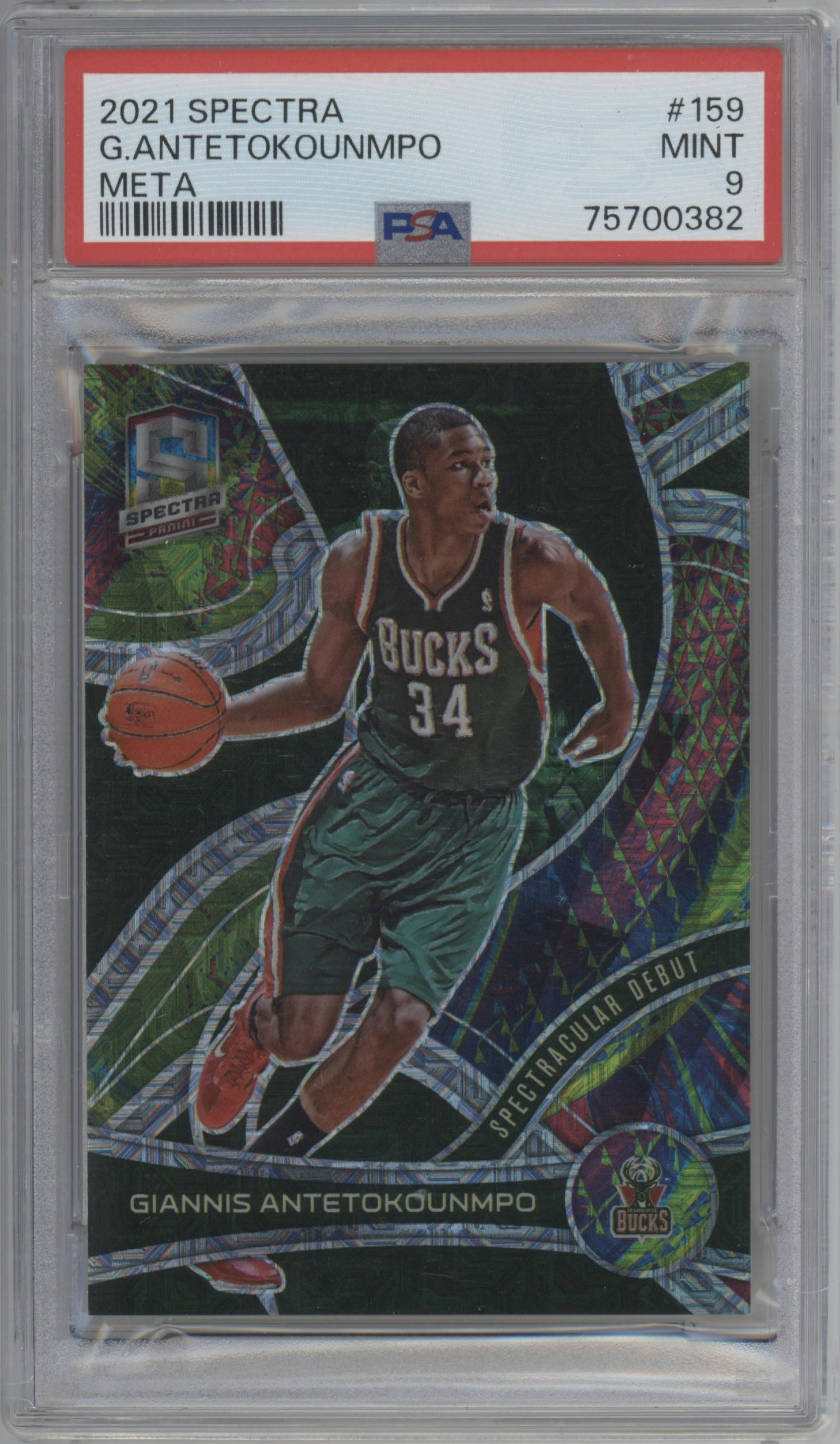 Giannis Antetokounmpo from the 2021-22 Panini Spectra set featuring a Meta parallel graded by PSA and given an overall grade of 9.