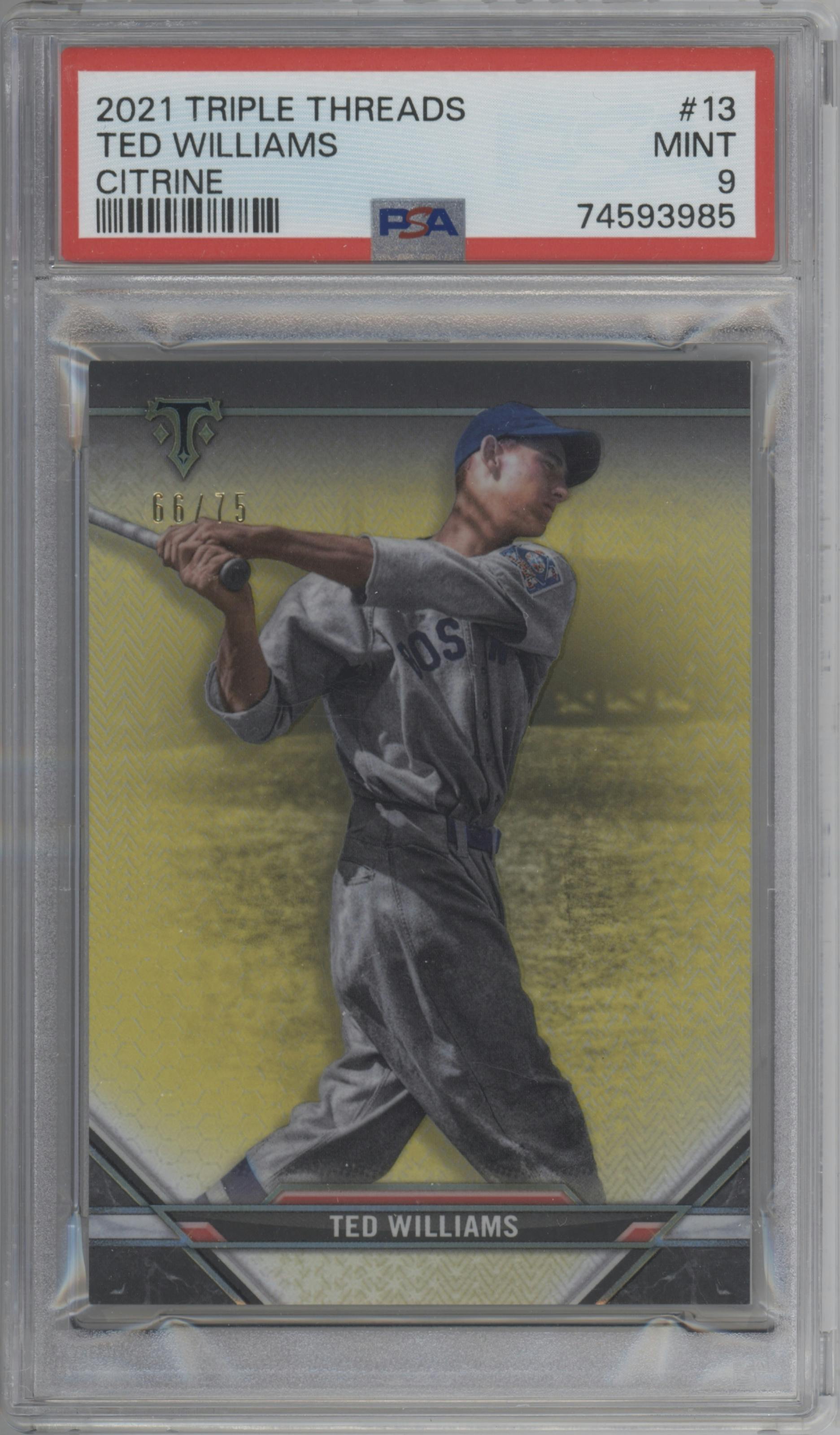 Ted Williams from the 2021 Topps Triple Threads set featuring a Citrine parallel graded by PSA and given an overall grade of 9.
