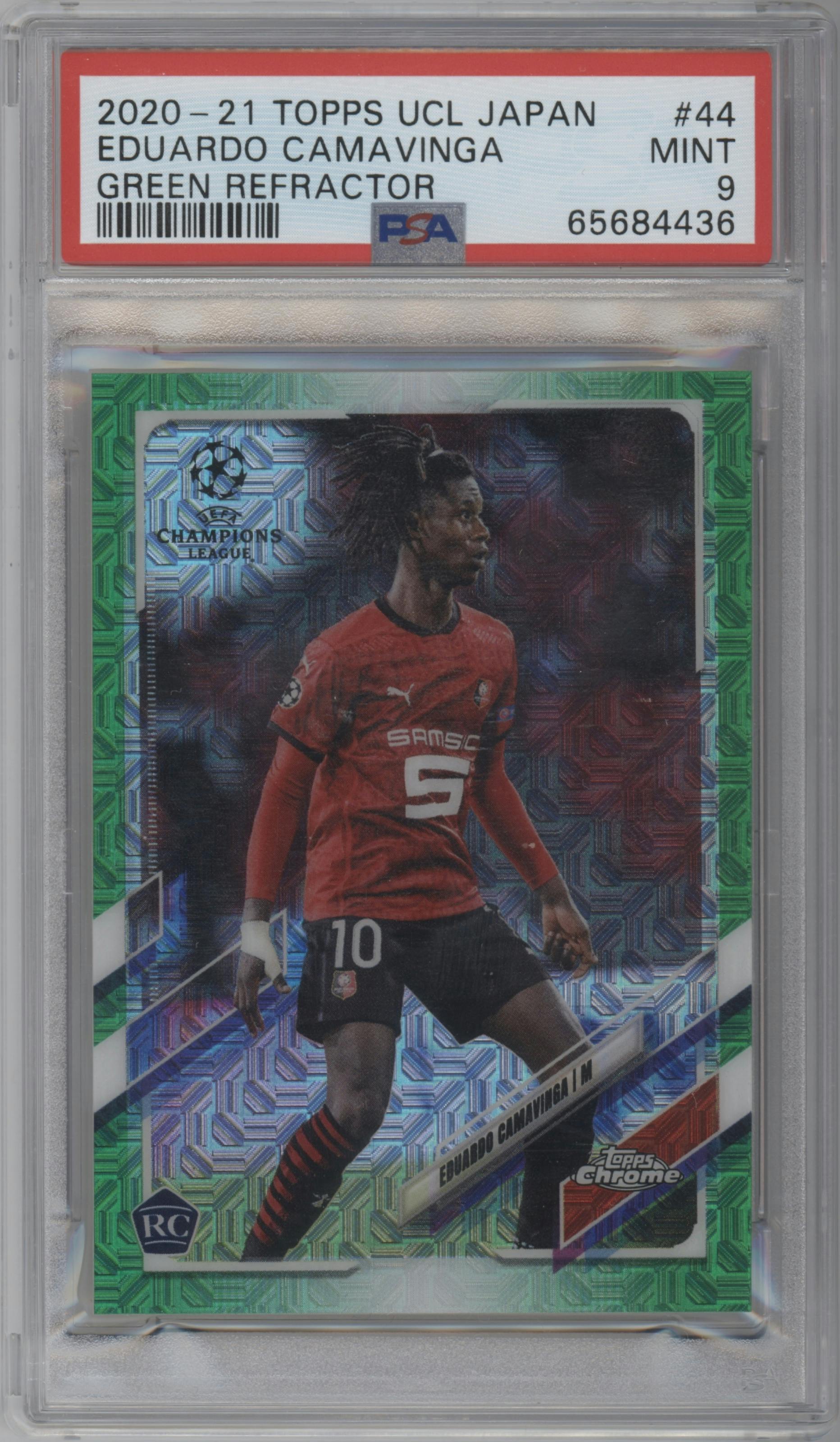 Eduardo Camavinga from the 2020-21 Topps Chrome UEFA Champions League Japan Edition set featuring a Green parallel graded by PSA and given an overall grade of 9.