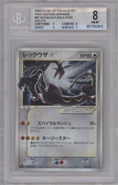 Rayquaza Gold Star from the 2004 Pokemon Clash of the Blue Sky set graded by Beckett and given an overall grade of 8.