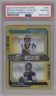 Bryce Young/C.J. Stroud from the 2023 Panini Contenders Optic set featuring a Gold parallel graded by PSA and given an overall grade of 10.