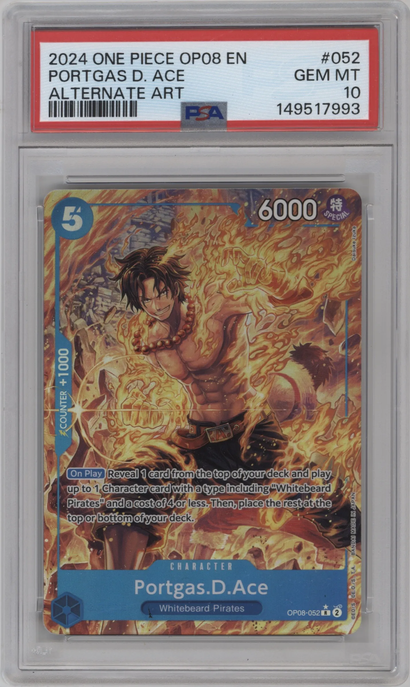 2024 One Piece Two Legends Portgas.D.Ace Alternate Art # OP08-052 R # OP08-052 R PSA 10