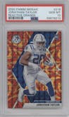 Jonathan Taylor from the 2020 Panini Mosaic set featuring a Reactive Orange parallel graded by PSA and given an overall grade of 10.