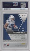 Jonathan Taylor from the 2020 Panini Mosaic set featuring a Reactive Orange parallel graded by PSA and given an overall grade of 10.