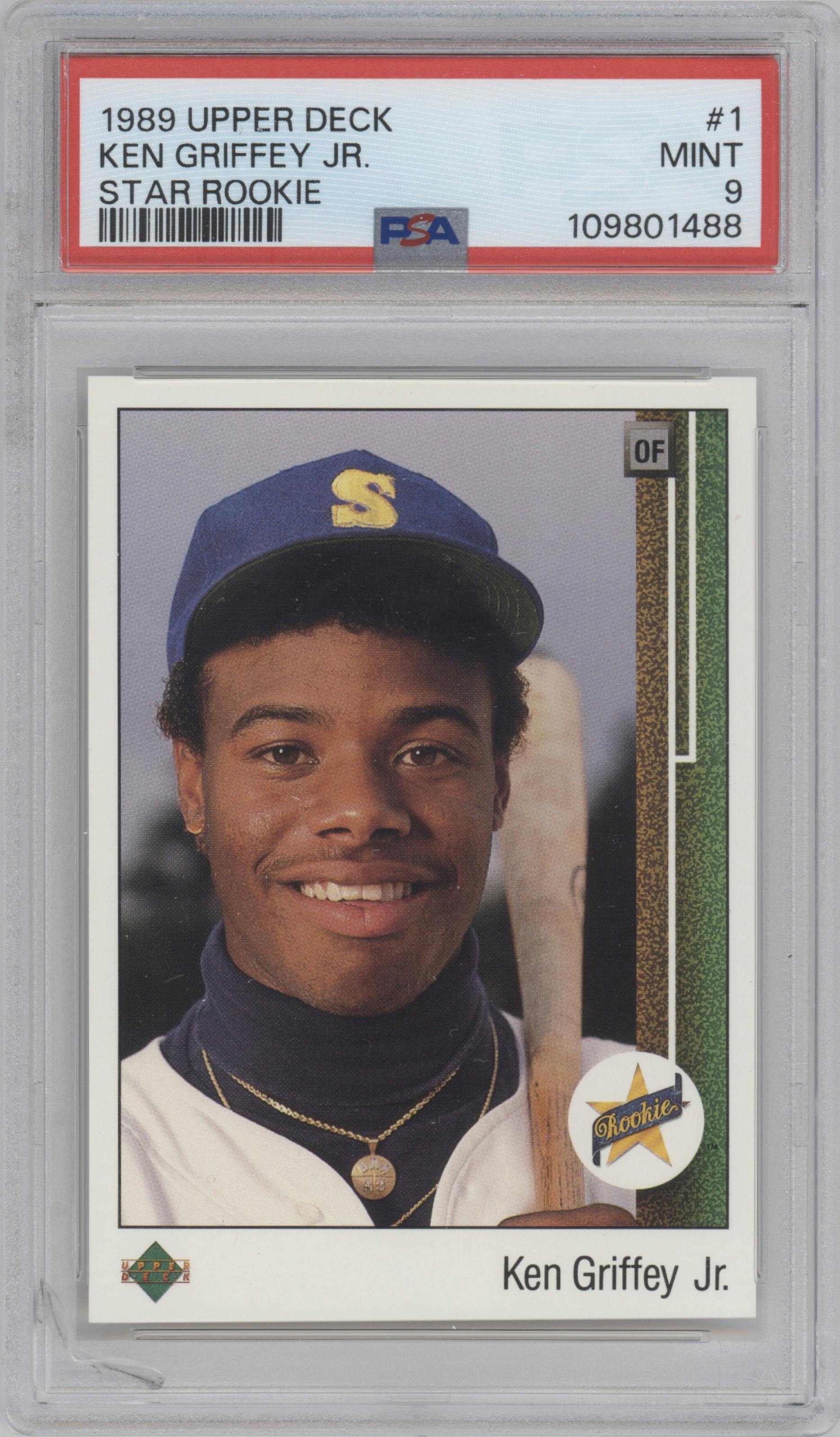 Ken Griffey Jr. from the 1989 Upper Deck set graded by PSA and given an overall grade of 9.