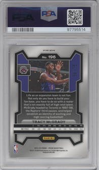 Tracy McGrady from the 2023-24 Panini Prizm set featuring a Fast Break Purple parallel graded by PSA and given an overall grade of 9.