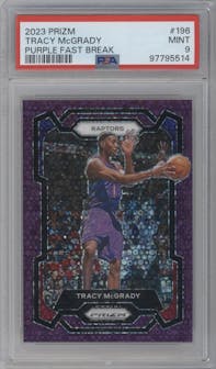 Tracy McGrady from the 2023-24 Panini Prizm set featuring a Fast Break Purple parallel graded by PSA and given an overall grade of 9.