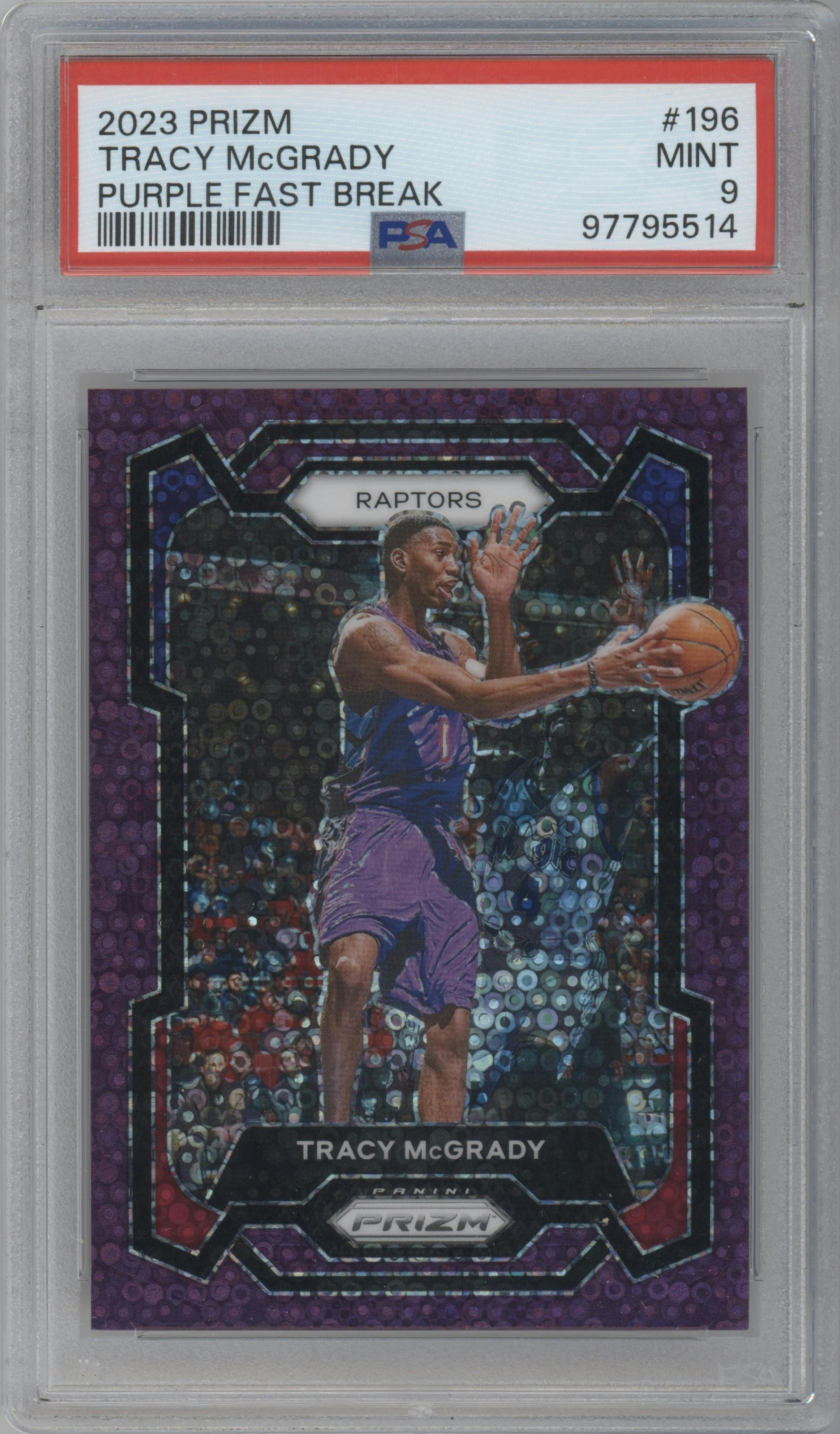 Tracy McGrady from the 2023-24 Panini Prizm set featuring a Fast Break Purple parallel graded by PSA and given an overall grade of 9.