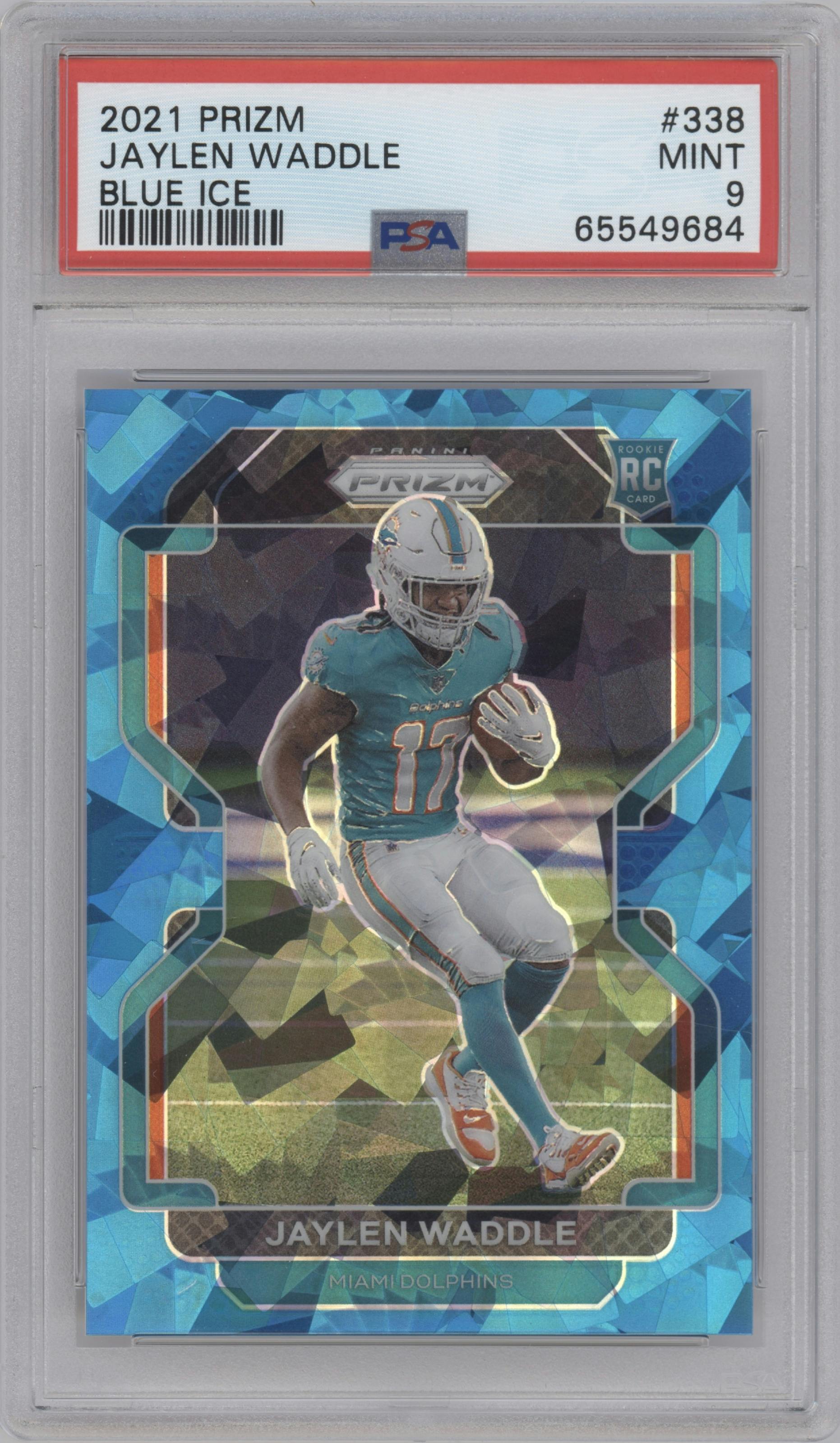 Jaylen Waddle from the 2021 Panini Prizm set featuring a Blue Ice parallel graded by PSA and given an overall grade of 9.