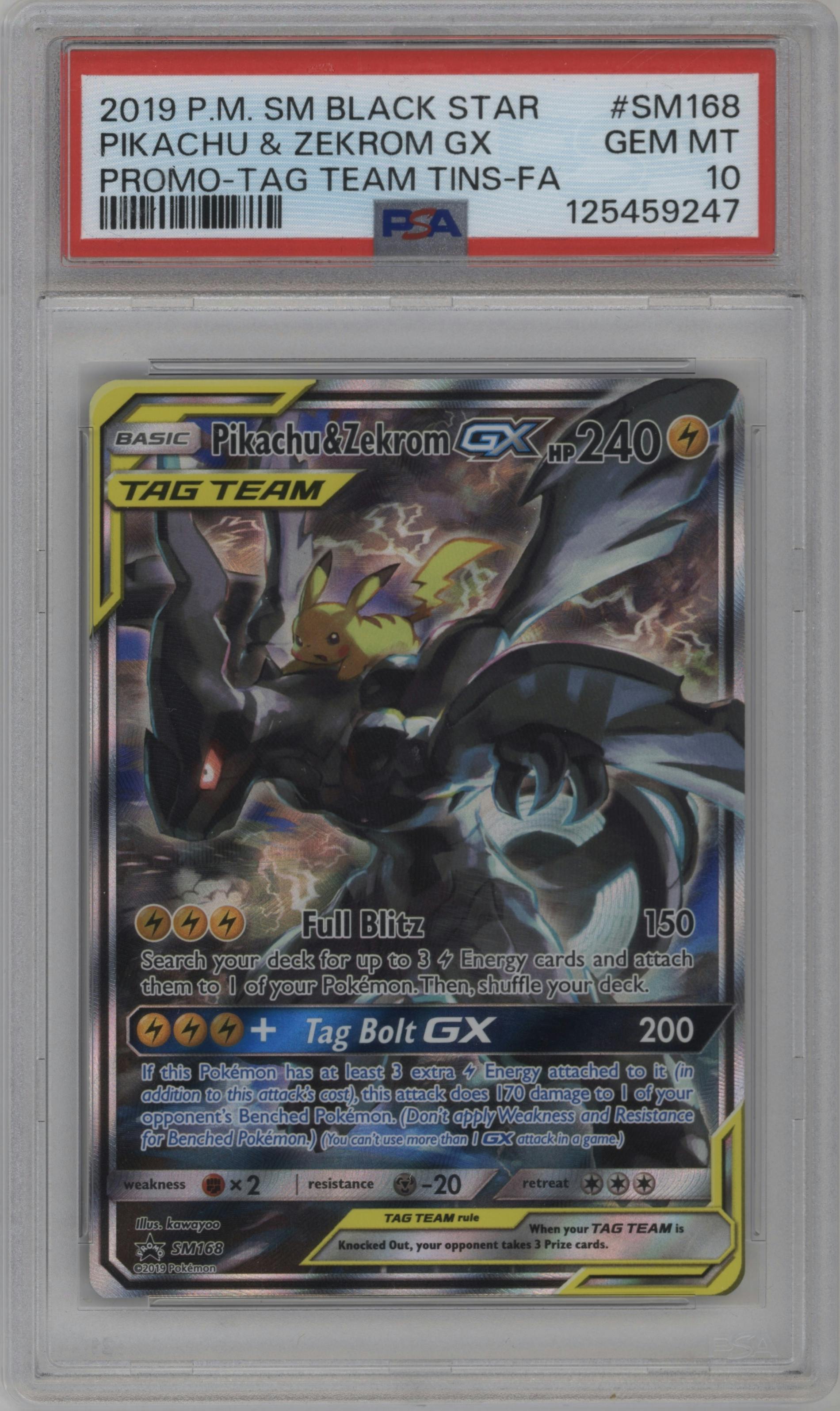 Pikachu/Zekrom GX from the 2019 Pokemon S&M  set featuring a Tag Team Tins parallel graded by PSA and given an overall grade of 10.