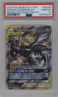 Pikachu/Zekrom GX from the 2019 Pokemon S&M set featuring a Tag Team Tins parallel graded by PSA and given an overall grade of 10.