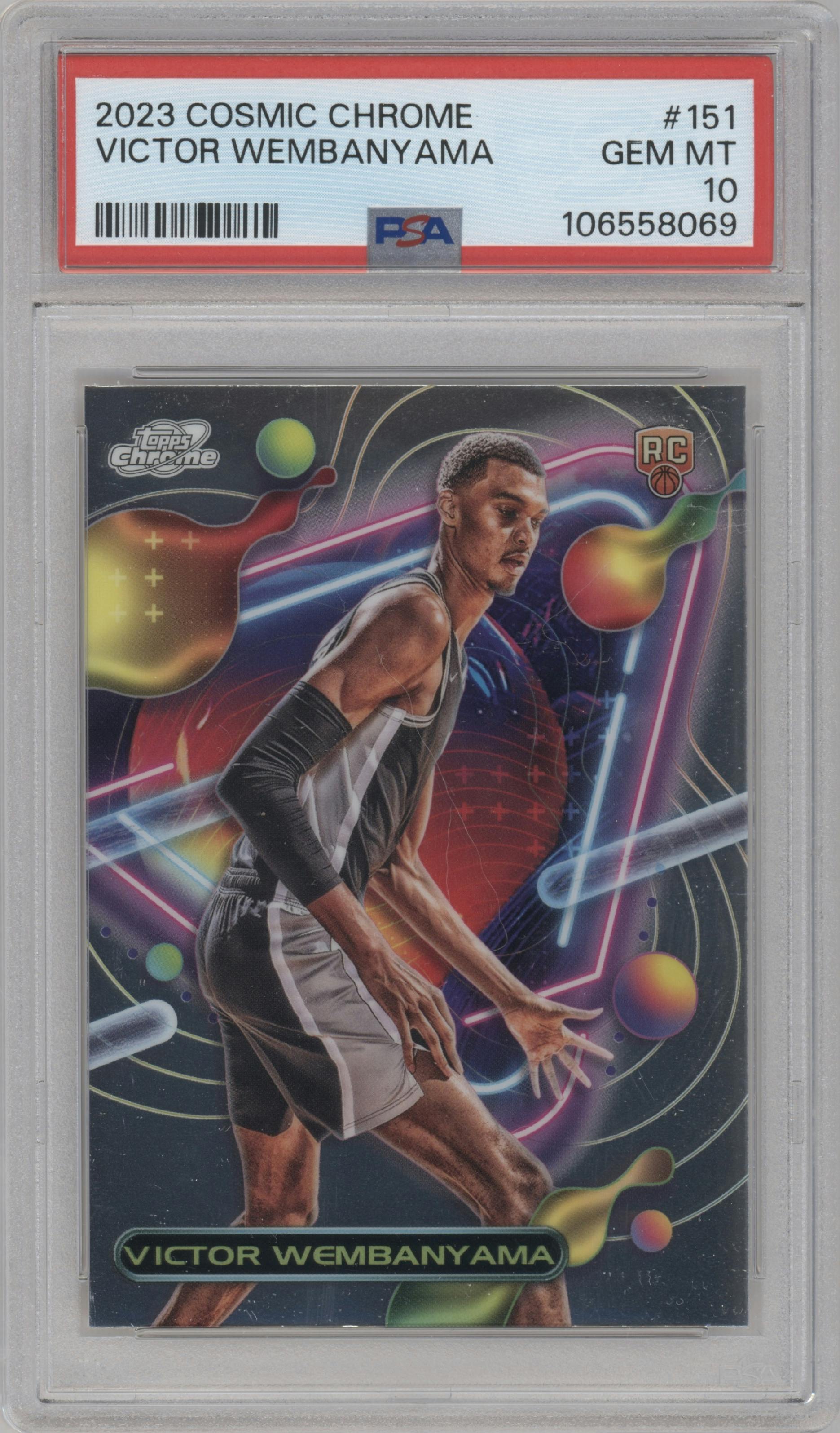Victor Wembanyama from the 2023-24 Topps Chrome Cosmic set graded by PSA and given an overall grade of 10.