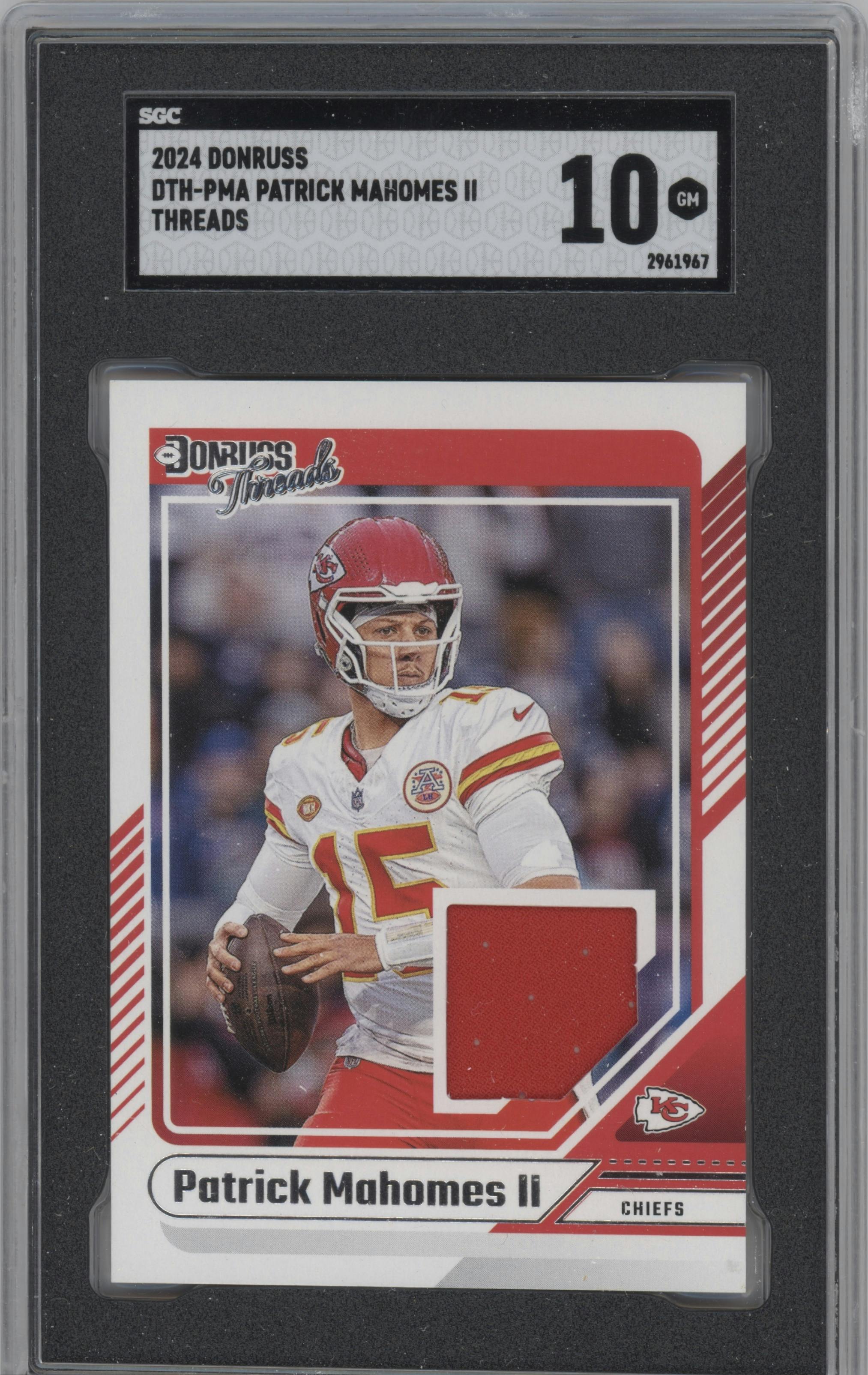 Patrick Mahomes II from the 2024 Donruss set graded by SGC and given an overall grade of 10.