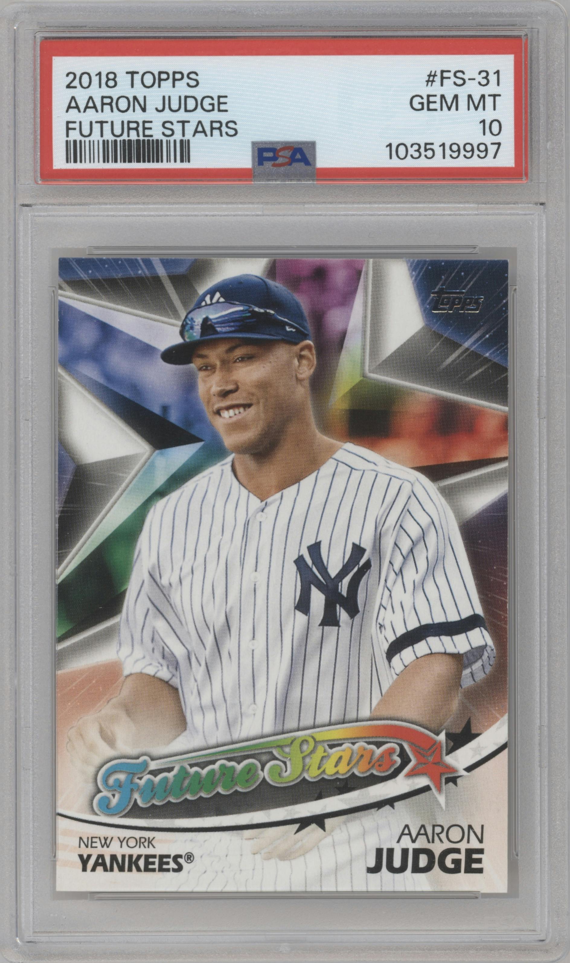 Aaron Judge from the 2018 Topps Series 2 set graded by PSA and given an overall grade of 10.