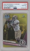 Keon Coleman from the 2023 Bowman Chrome University set featuring a Yellow Refractor parallel graded by PSA and given an overall grade of 10.