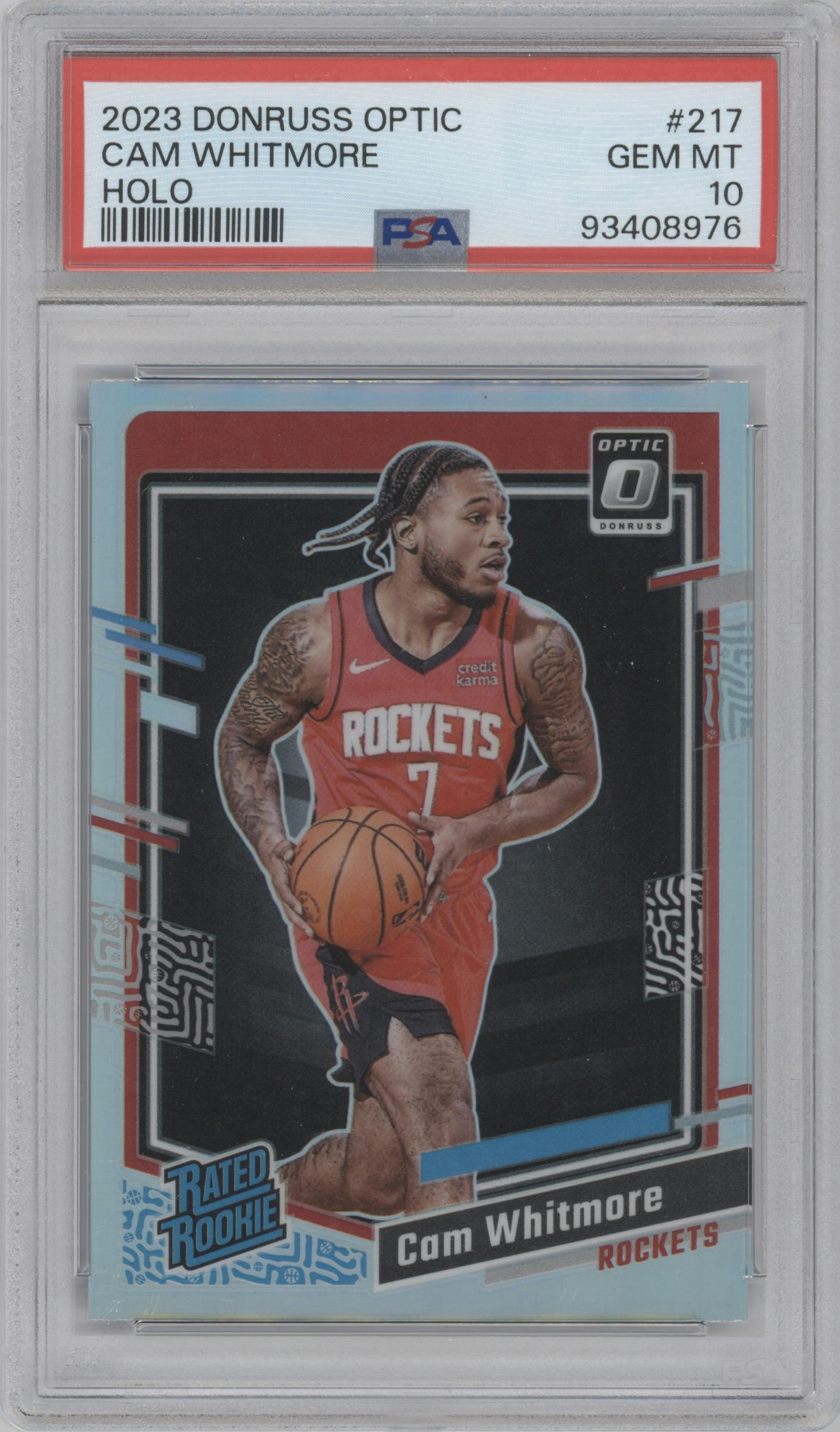 Cam Whitmore from the 2023-24 Donruss Optic set featuring a Holo parallel graded by PSA and given an overall grade of 10.