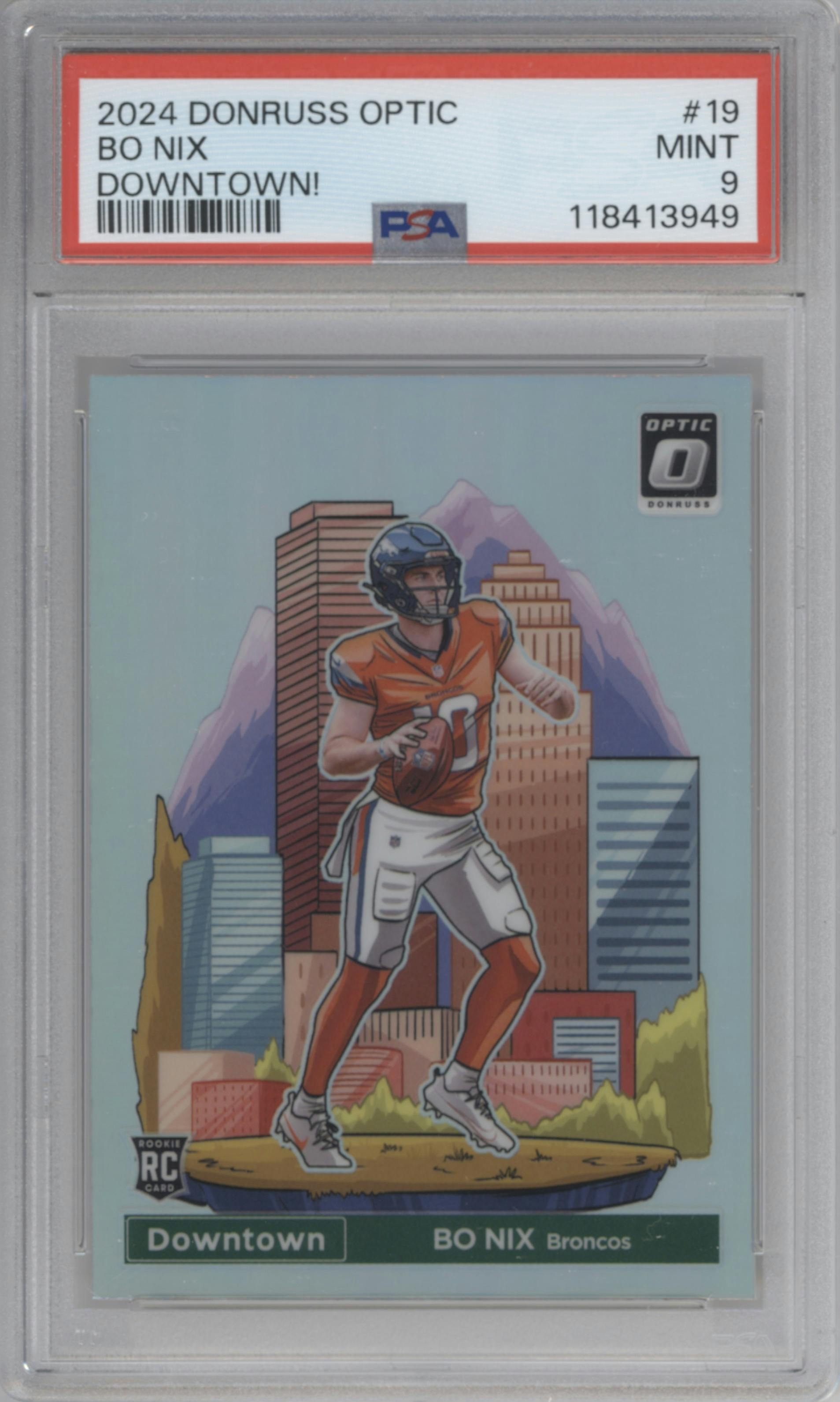 Bo Nix from the 2024 Donruss Optic set graded by PSA and given an overall grade of 9.