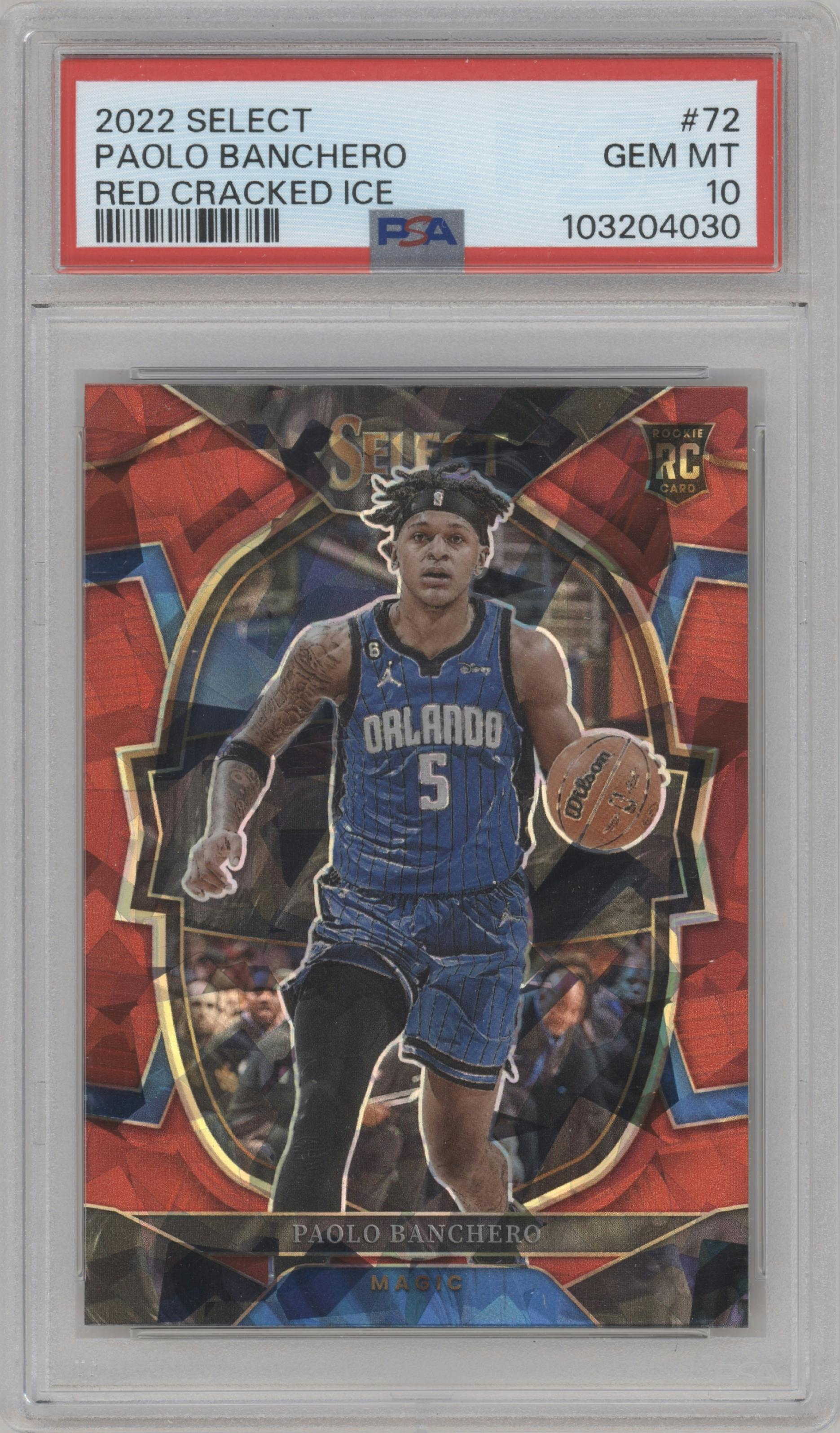Paolo Banchero from the 2022-23 Panini Select set featuring a Red Cracked Ice parallel graded by PSA and given an overall grade of 10.