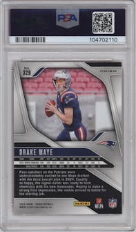 Drake Maye from the 2024 Panini Prizm set featuring a Disco parallel graded by PSA and given an overall grade of 10.