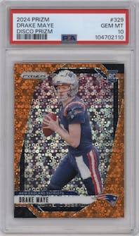 Drake Maye from the 2024 Panini Prizm set featuring a Disco parallel graded by PSA and given an overall grade of 10.