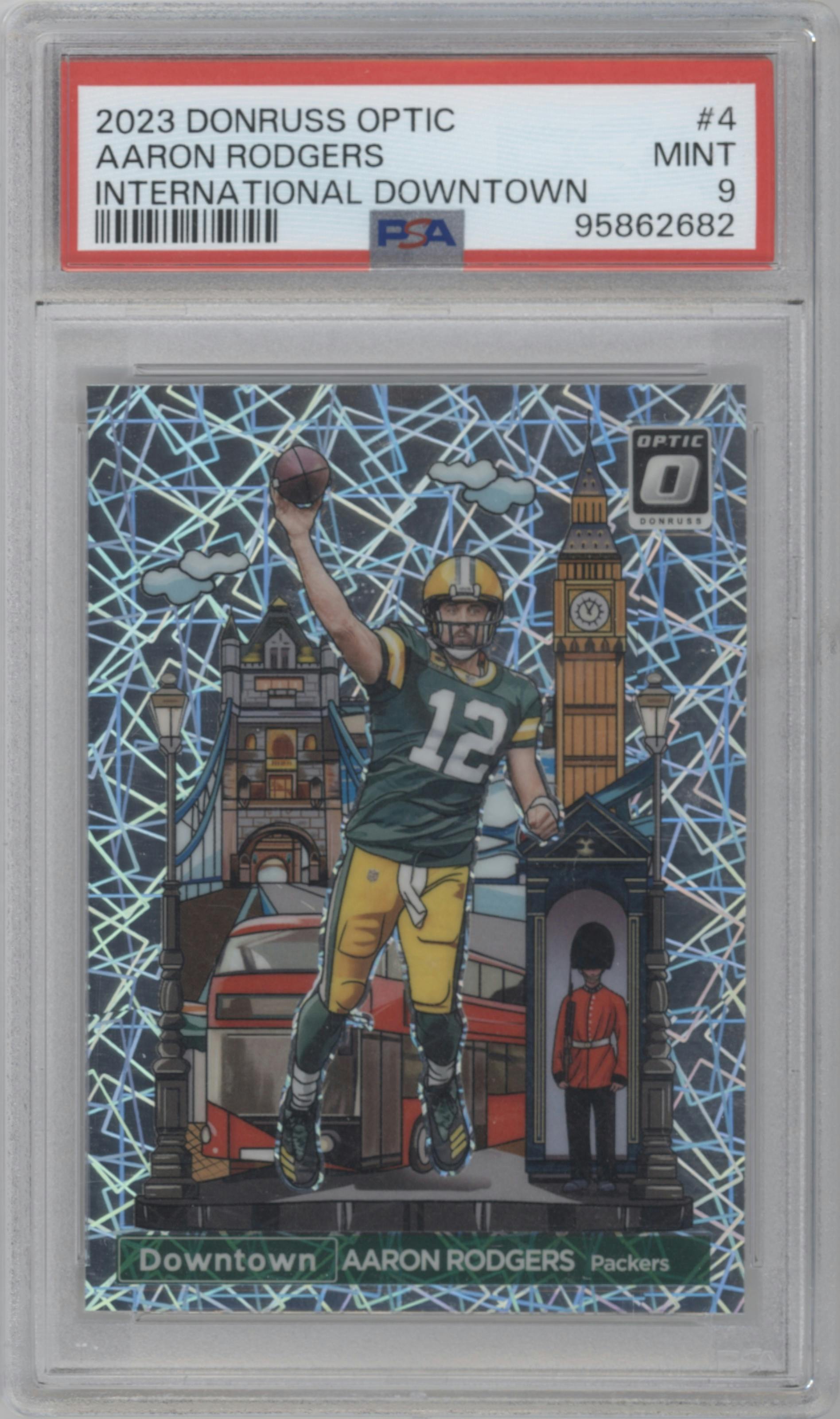 Aaron Rodgers from the 2023 Donruss Optic set graded by PSA and given an overall grade of 9.