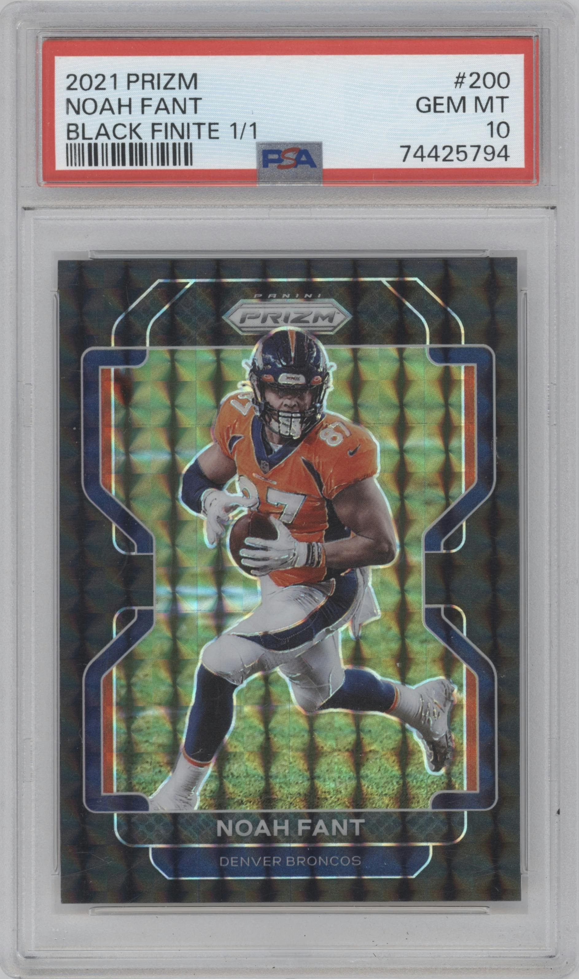 Noah Fant from the 2021 Panini Prizm set featuring a Black Finite Prizm parallel graded by PSA and given an overall grade of 10.