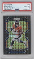 Noah Fant from the 2021 Panini Prizm set featuring a Black Finite Prizm parallel graded by PSA and given an overall grade of 10.