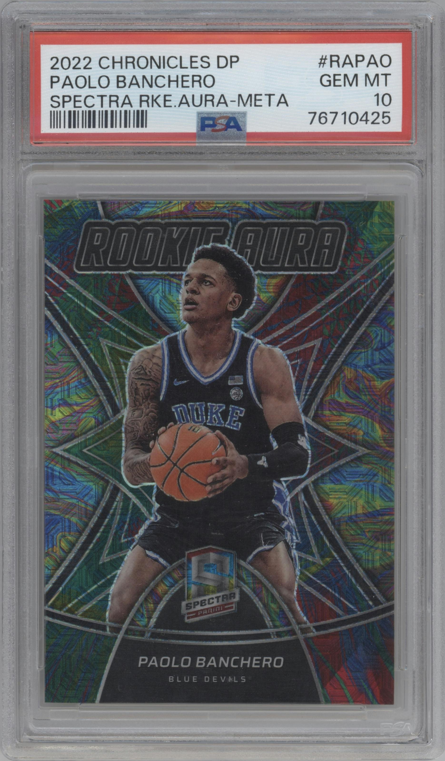 Paolo Banchero from the 2022-23 Panini Chronicles Draft Picks set featuring a Meta parallel graded by PSA and given an overall grade of 10.