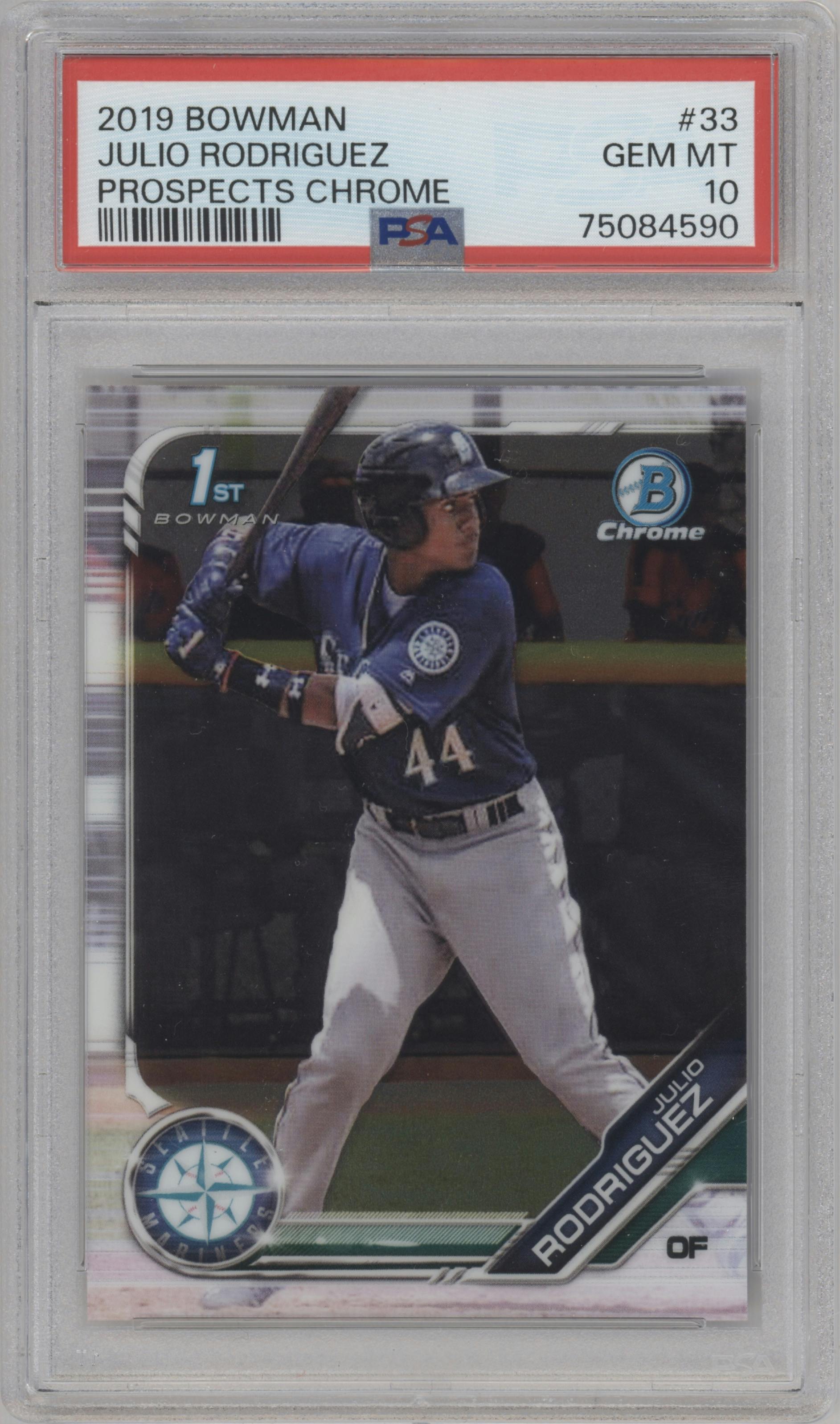 Julio Rodriguez from the 2019 Bowman  set graded by PSA and given an overall grade of 10.