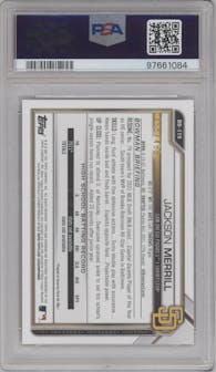 Jackson Merrill from the 2021 Bowman Draft set featuring a Sky Blue parallel graded by PSA and given an overall grade of 10.